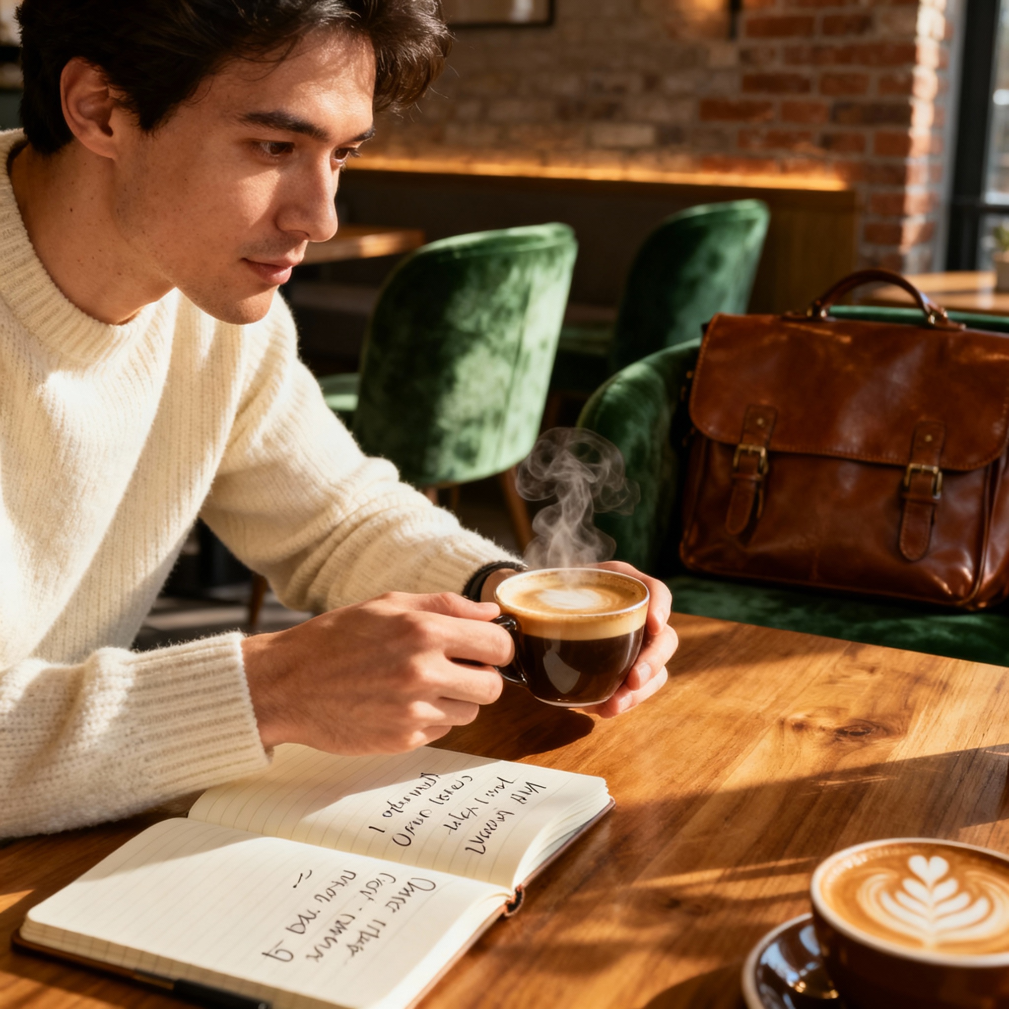 Photorealistic close-up of a marketer conducting a customer interview over coffee, candid, warm light, focused expression,...