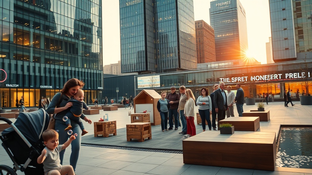 A cinematic, photorealistic movie-still of community support around children and families