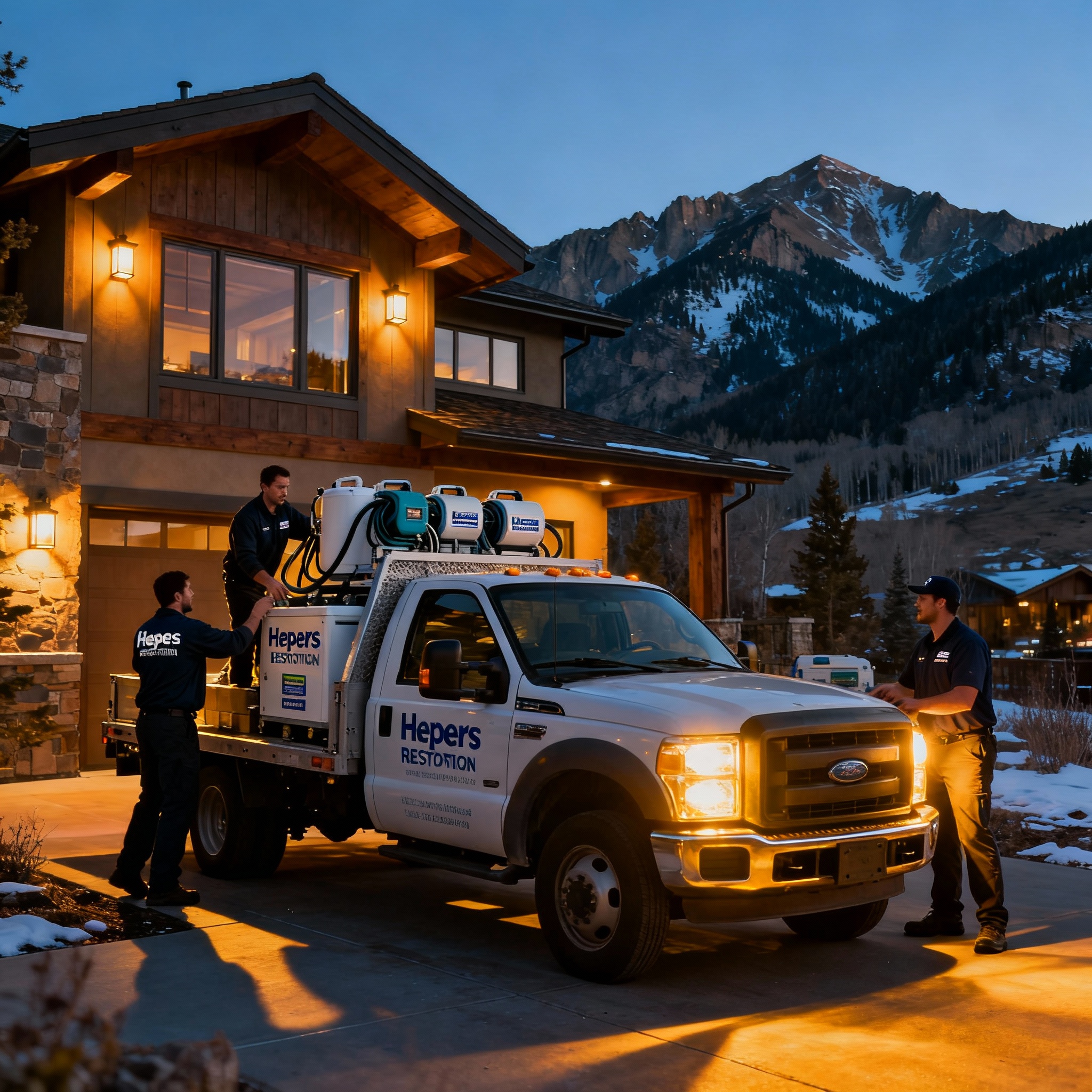Wide angle, photorealistic shot of a Helpers Restoration vehicle parked outside a modern mountain home in Snowmass Village...