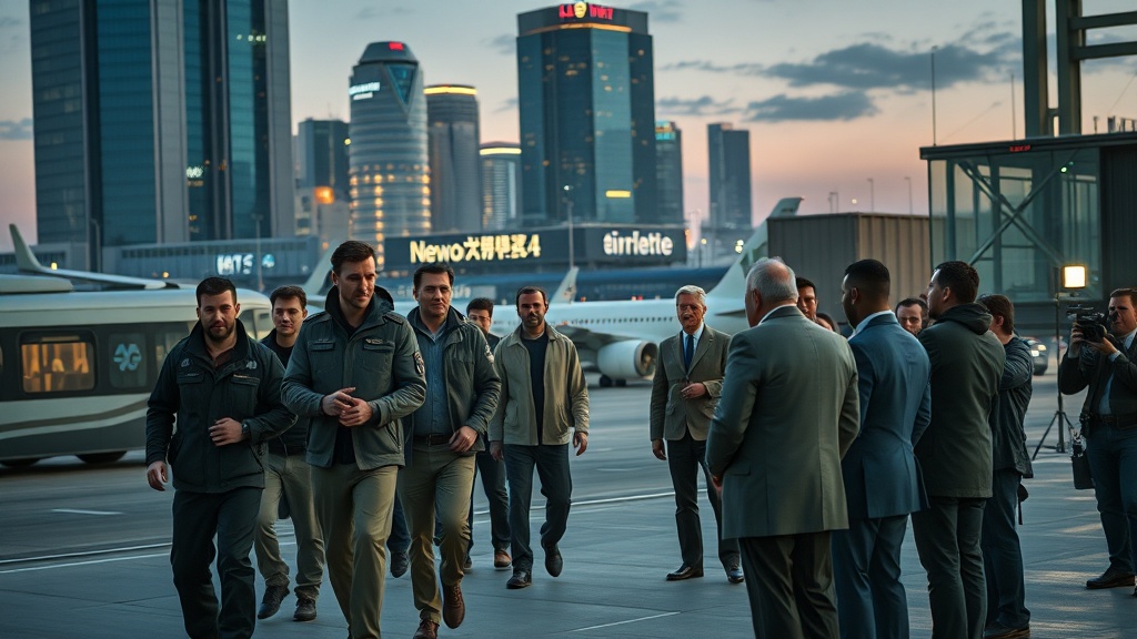 Cinematic transfer scene at a transit plaza