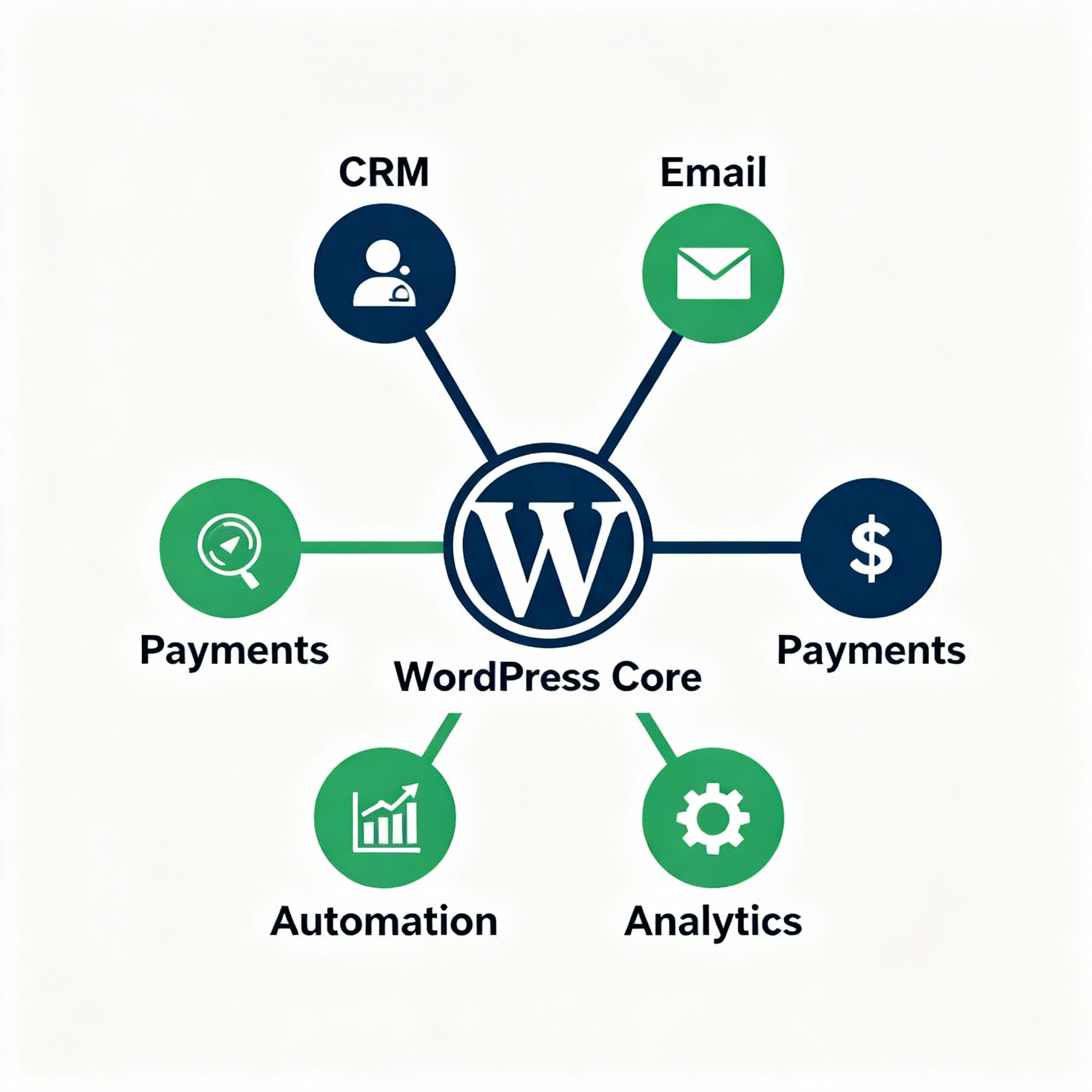 Minimalist infographic style diagram showing a WordPress core at center with connected nodes: CRM, Email, Payments, Analyt...