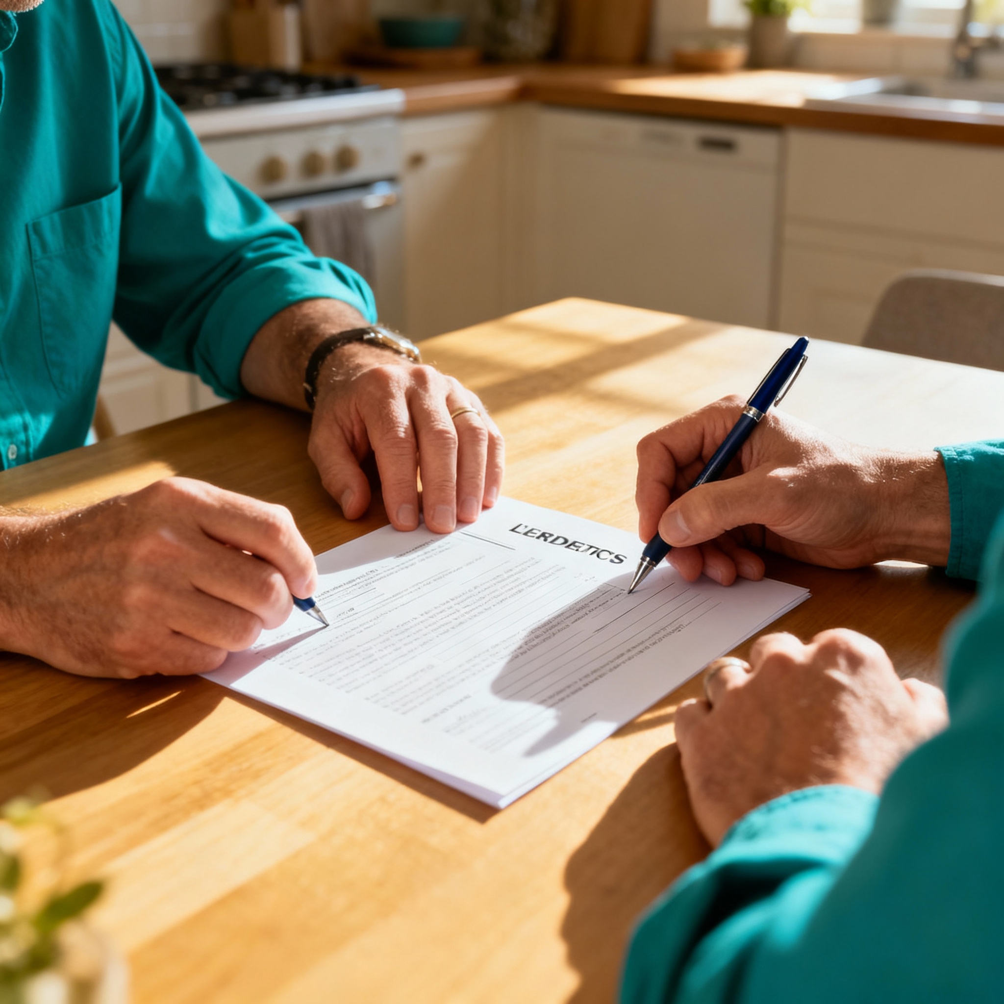 Close-up photo of a landlord and tenant signing a lease at a kitchen table, natural light, warm and professional mood, can...