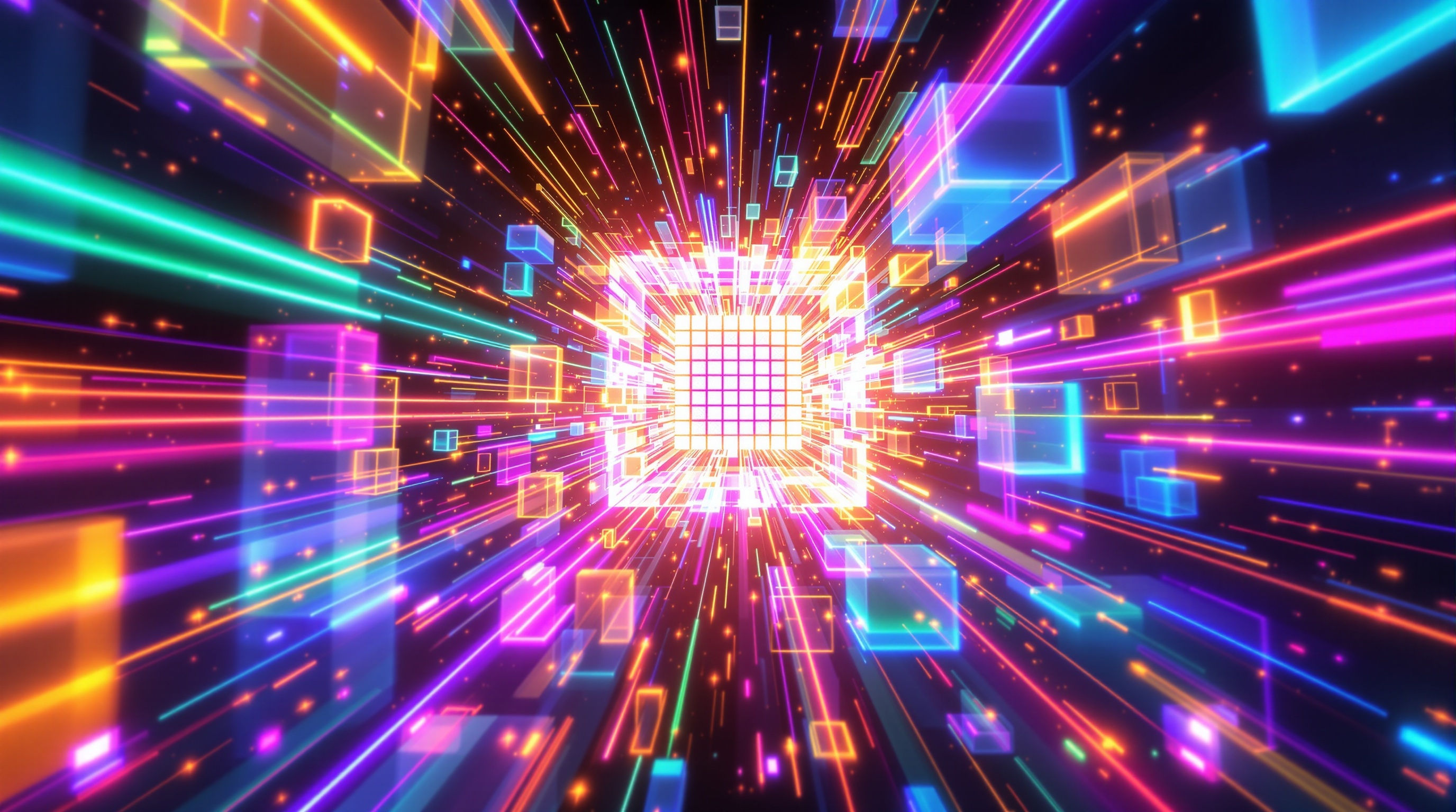Análisis del entorno visual de Lumines Arise VR con bloques de colores y efectos psicodélicos