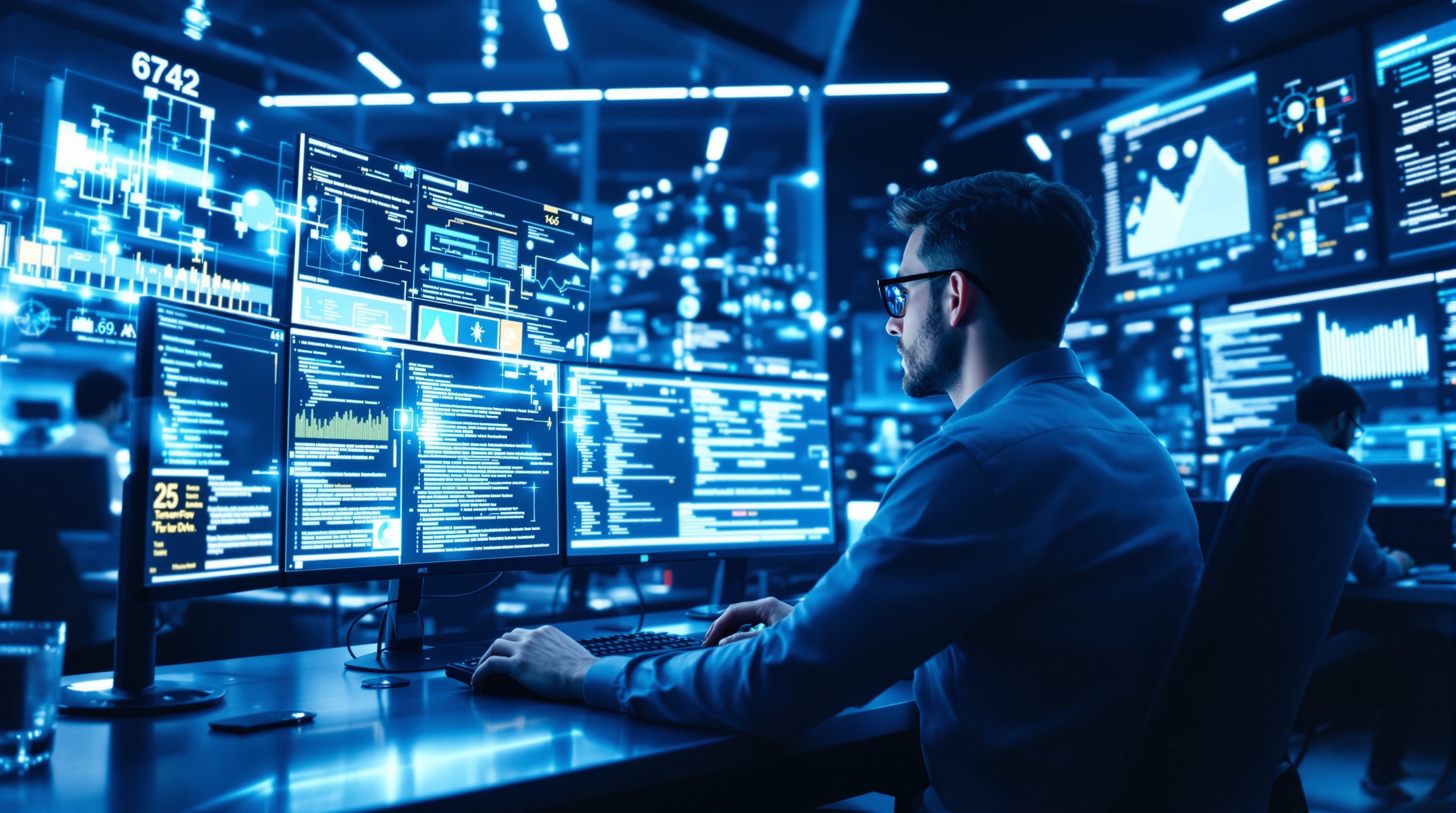 Modern AI engineer working in a futuristic tech workspace surrounded by holographic visuals of data pipelines and neural networks