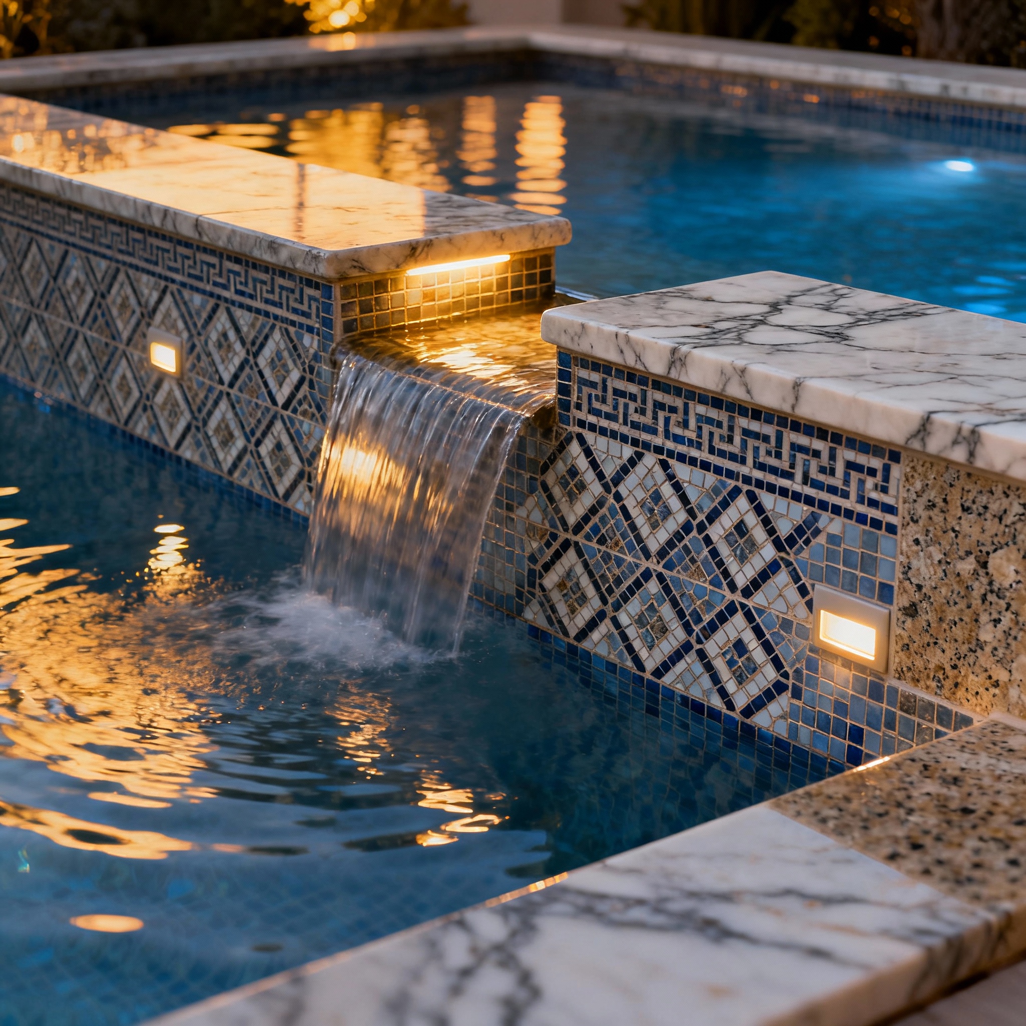 Photorealistic close-up of luxury spa details: custom mosaic tile, integrated spillway, hidden LED fixtures, and polished ...