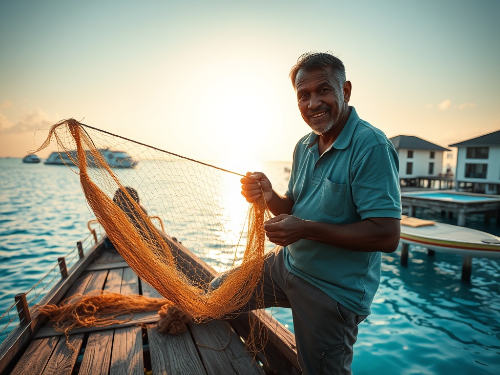 Fisherman Mending Nets as the Resort Glows Behind Him