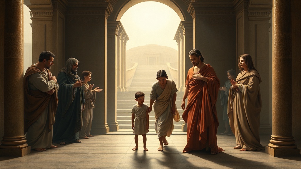 Renaissance-style allegorical scene of a parent guiding a youth