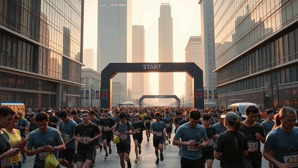 현대 도시에서 마라톤 준비 장면