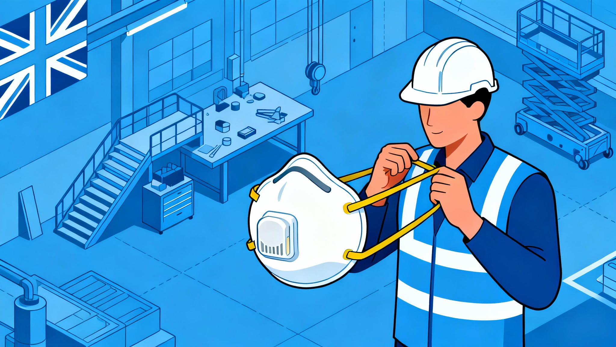 A construction worker on a UK workshop site adjusting the straps of a 3M Aura 9332+ FFP3 disposable respirator to ensure optimal protection against airborne particles