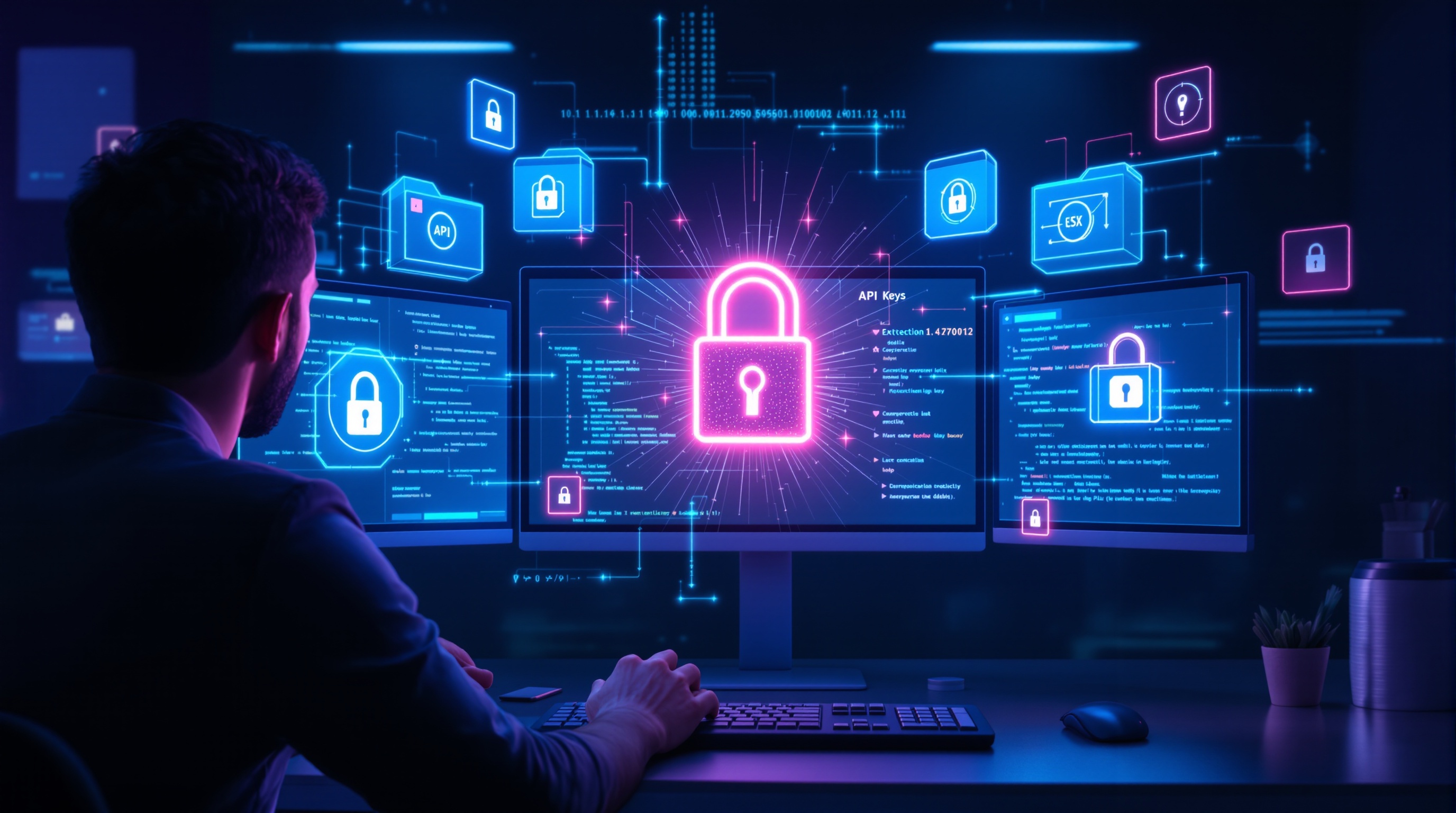 Developer managing API keys securely with encrypted code, digital locks, and environment variable icons in a modern workspace