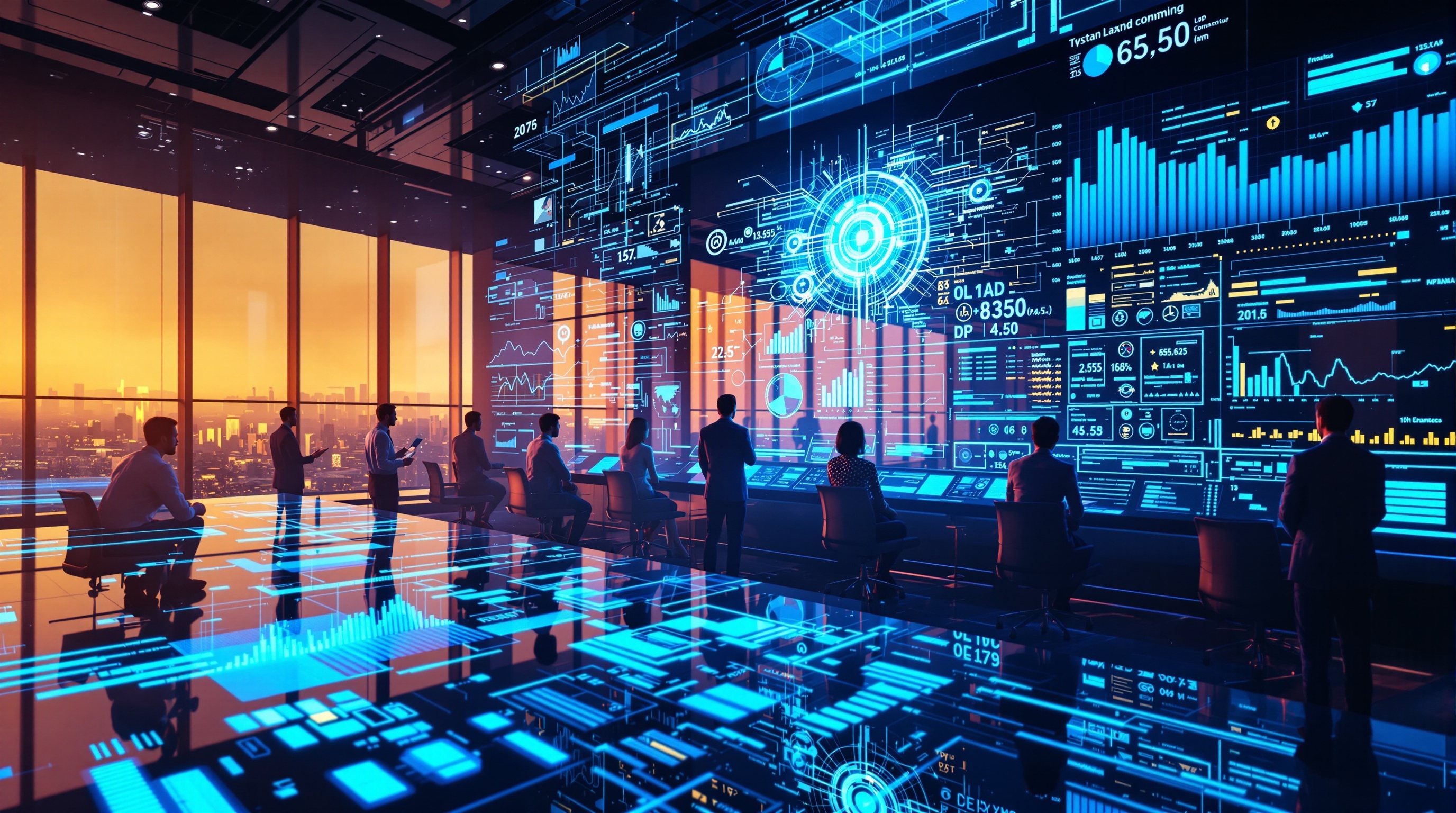 Digital artwork showing enterprise teams using analytics dashboards integrated with generative AI systems