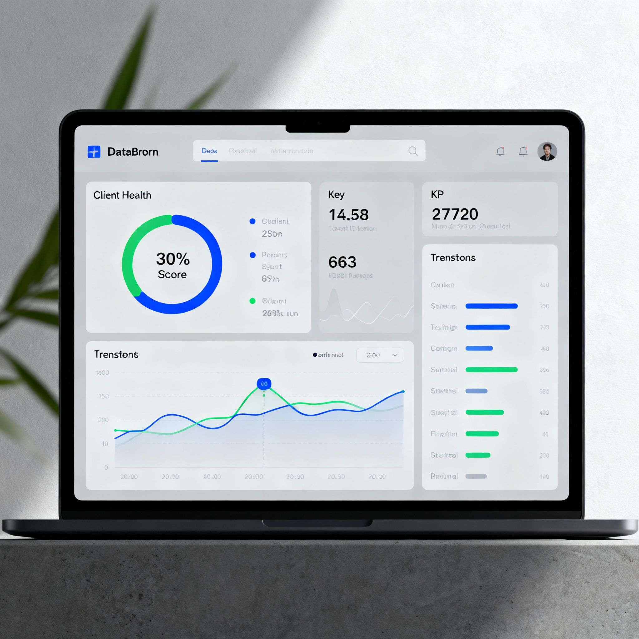 Clean data-driven dashboard mockup showing a client health score, key KPIs, and trending charts. Minimalist UI design, coo...