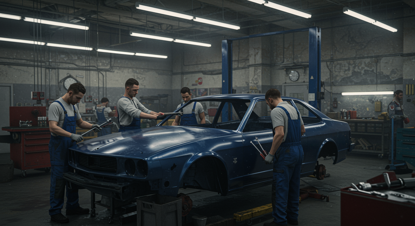 A Cinematic Detailed Scene In A Car Service Center With