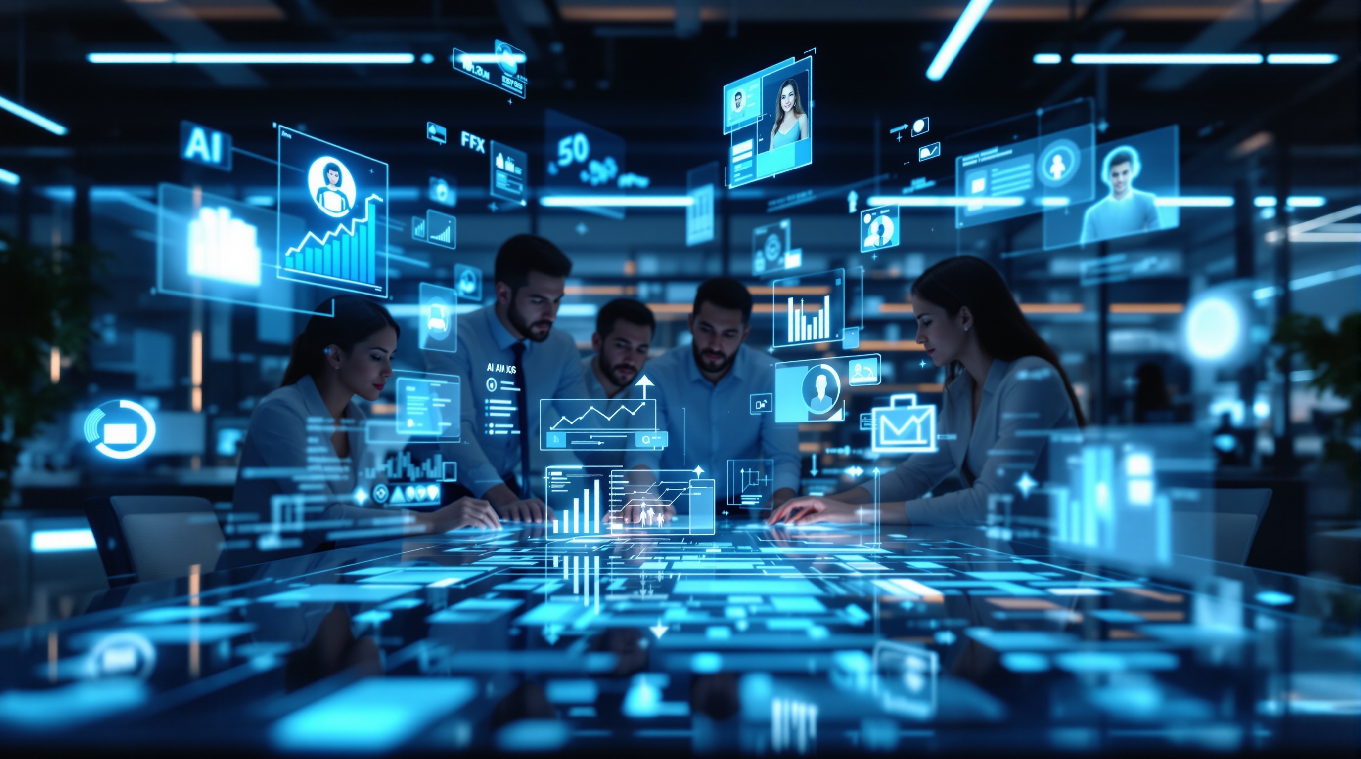 Futuristic office showing AI systems optimizing business operations in real-time, with holographic data dashboards and a collaborative team.