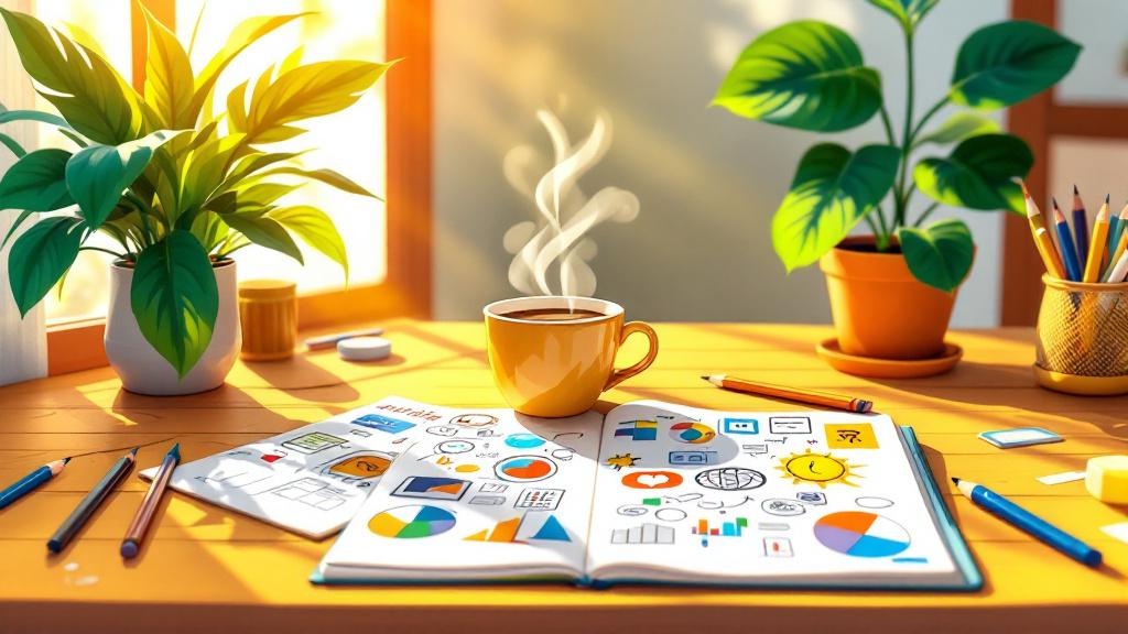 Cartoon morning workspace with coffee and creative supplies