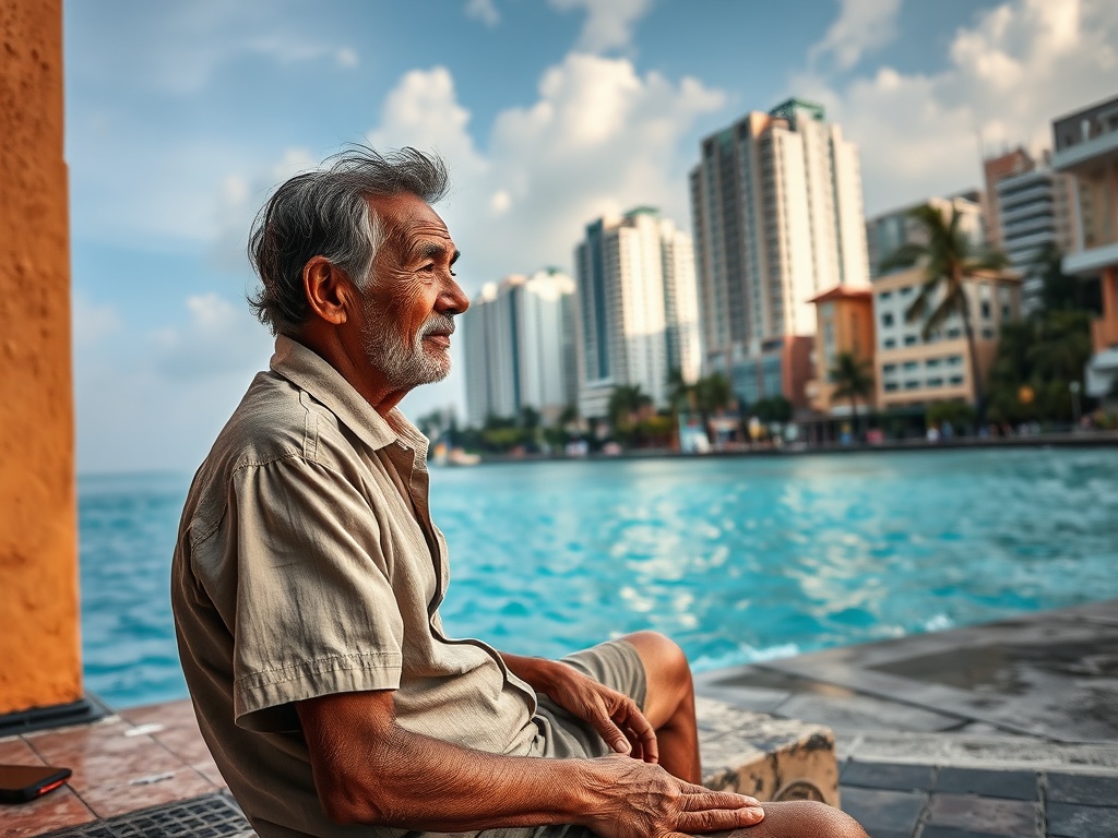 An Elder on a Stone Bench, Malé's Towers Behind Him
