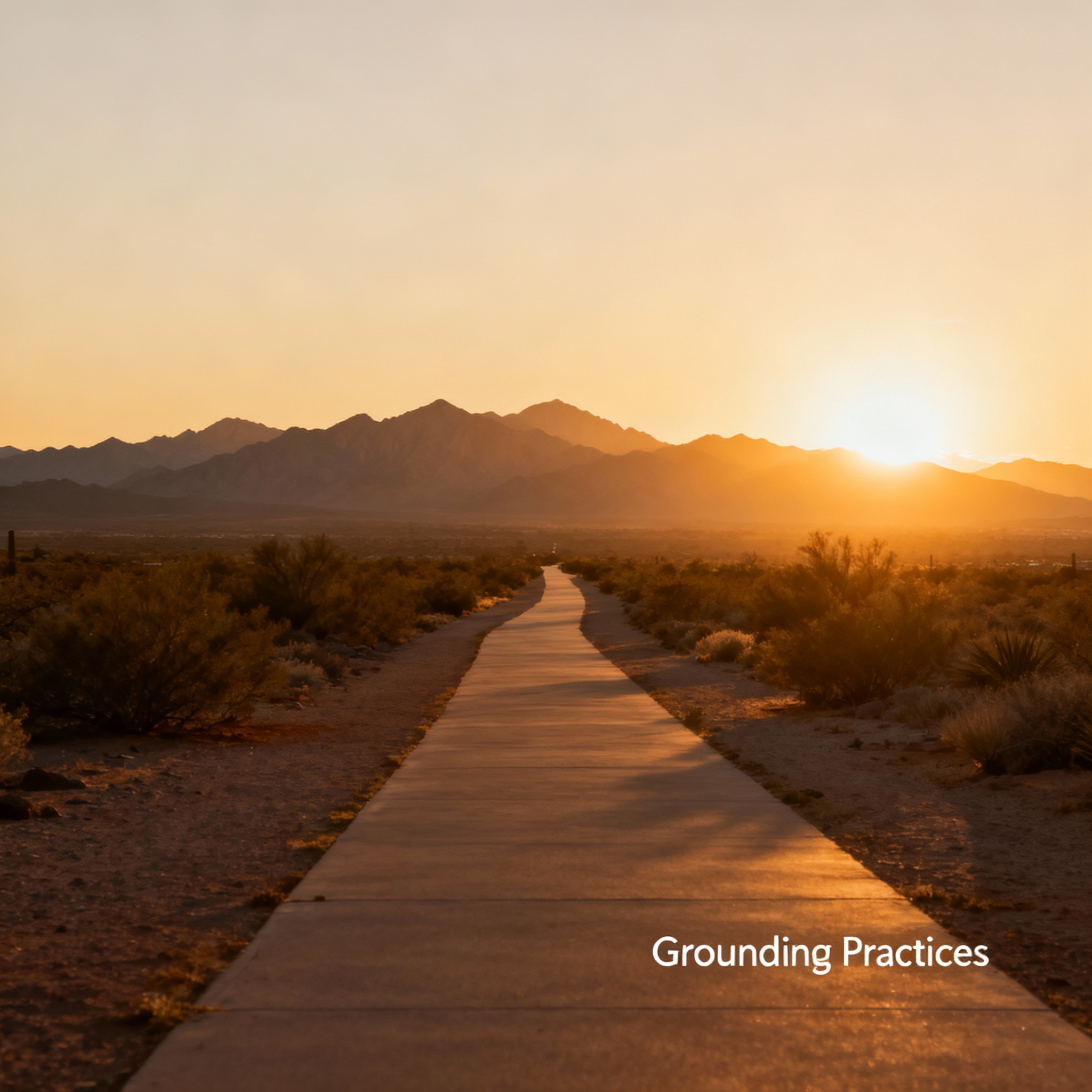 A serene wide-angle photograph of a Phoenix desert sunrise, warm golden tones, showing a quiet walking path and distant mo...