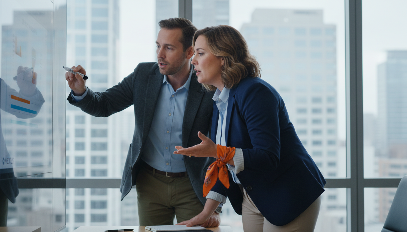 Two professionals leaning over a table in a glass-walled conference room, one pointing to a wall-mounted pipeline dashboard as they collaborate, with soft daylight and an urban skyline visible through the windows.