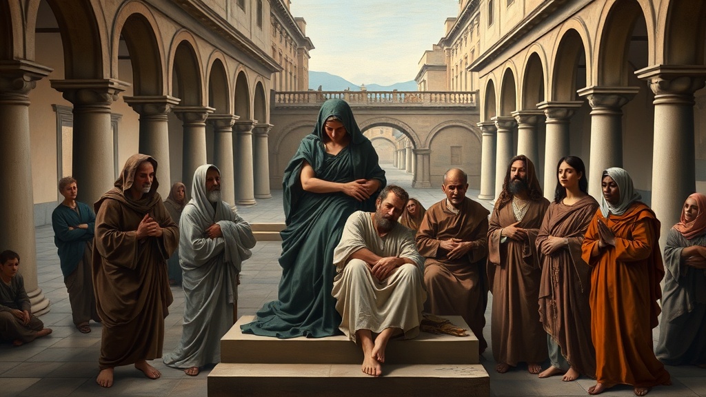 르네상스 풍의 은유적 돌봄 장면을 묘사한 회화적 이미지