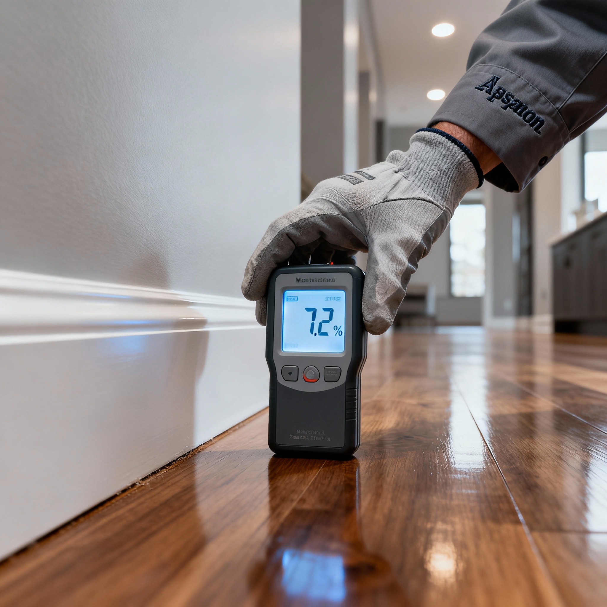 Photorealistic shot of a technician placing a moisture meter against a hardwood floor near a baseboard in a modern Aspen c...