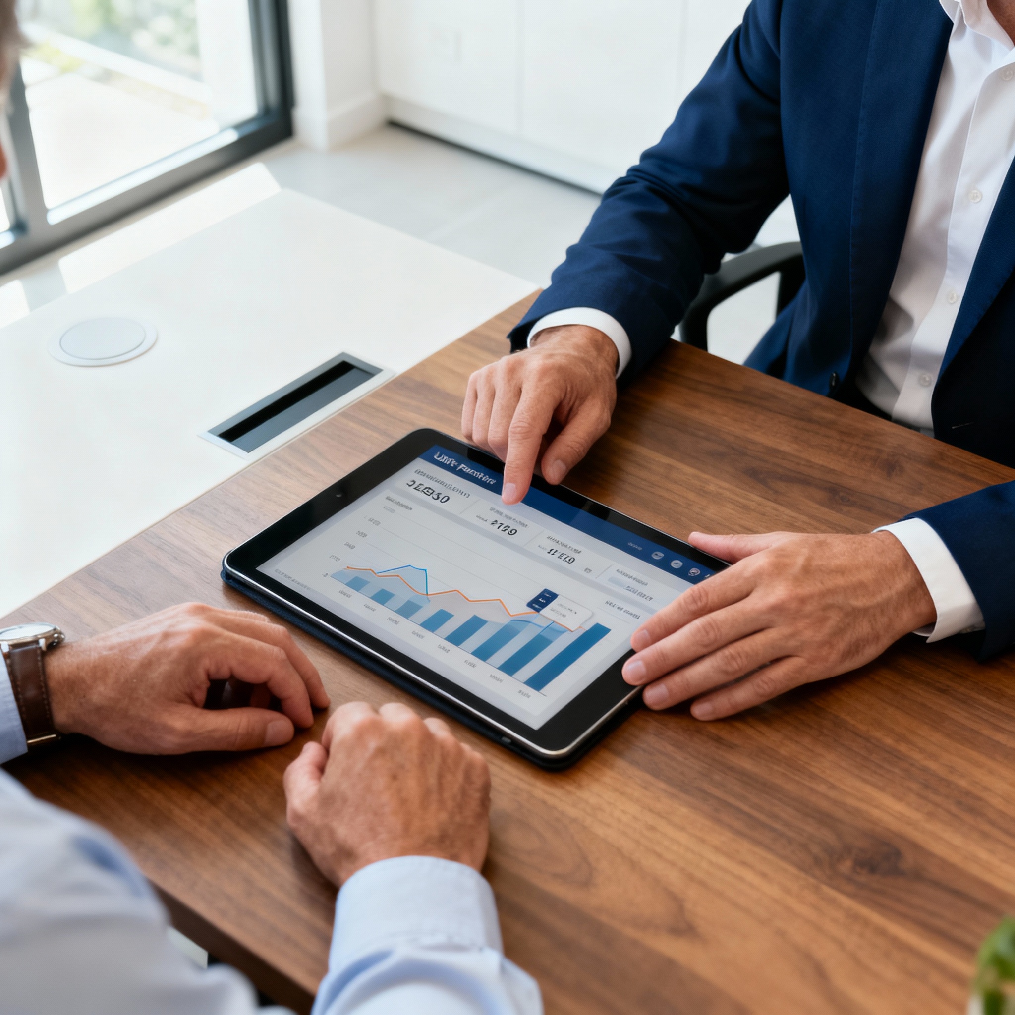 Photorealistic image showing a property manager and owner reviewing a digital tablet with unit performance metrics, modern...