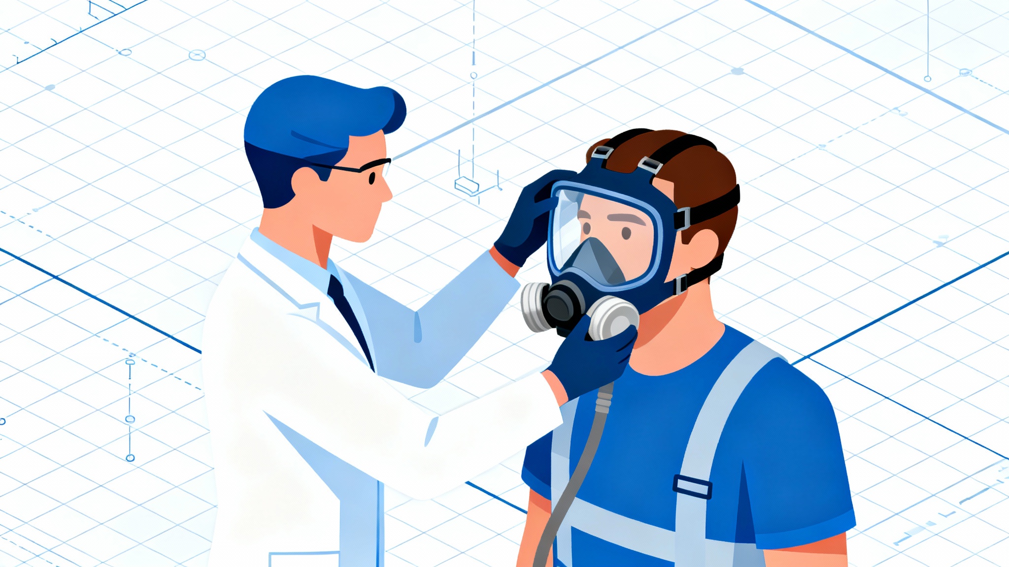 A safety professional conducting a fit test for a full-face respirator on a construction worker to ensure compliance with UK COSHH regulations