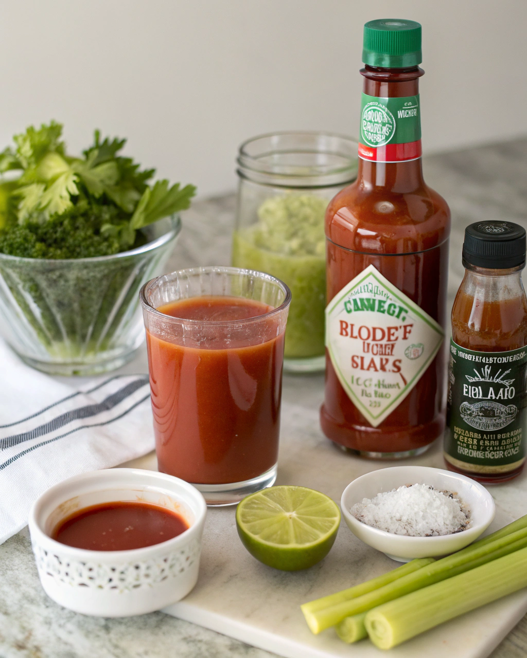 Virgin Bloody Mary Mocktail ingredients laid out on clean white counter
