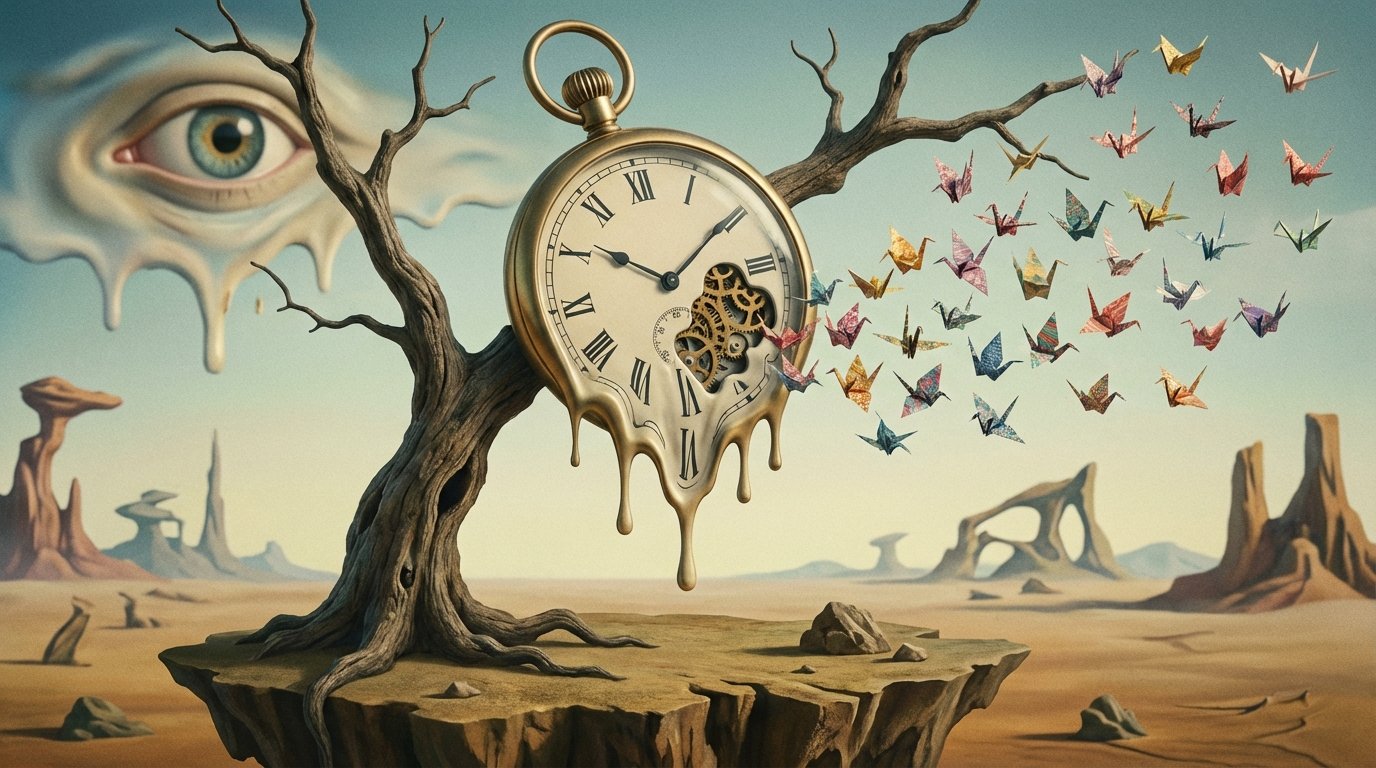 Surreal artwork with a melting clock and flying origami cranes, generated by Nano Banana 2