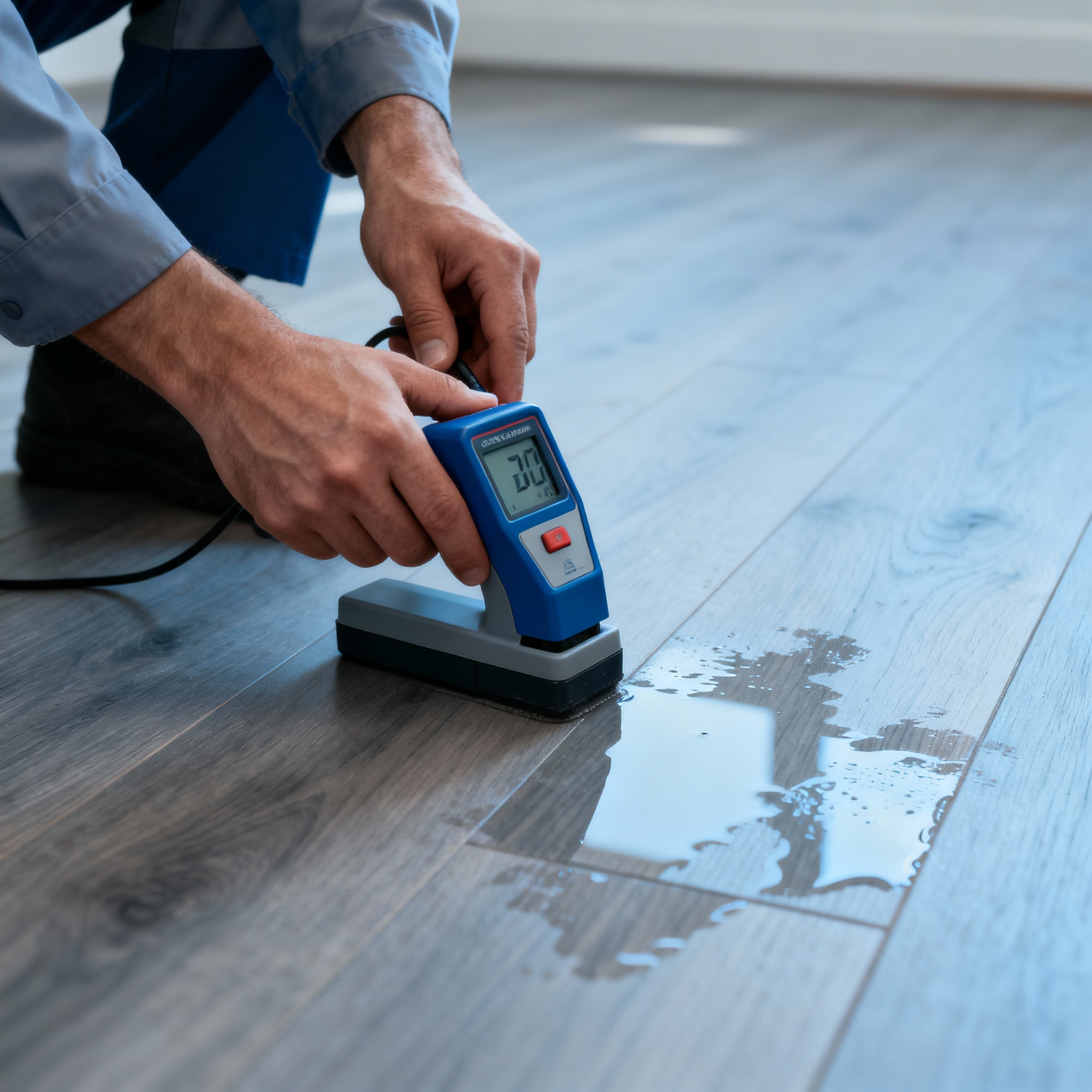 Photorealistic close-up of a technician using a moisture meter on a hardwood floor, side angle, focused hands, cool natura...