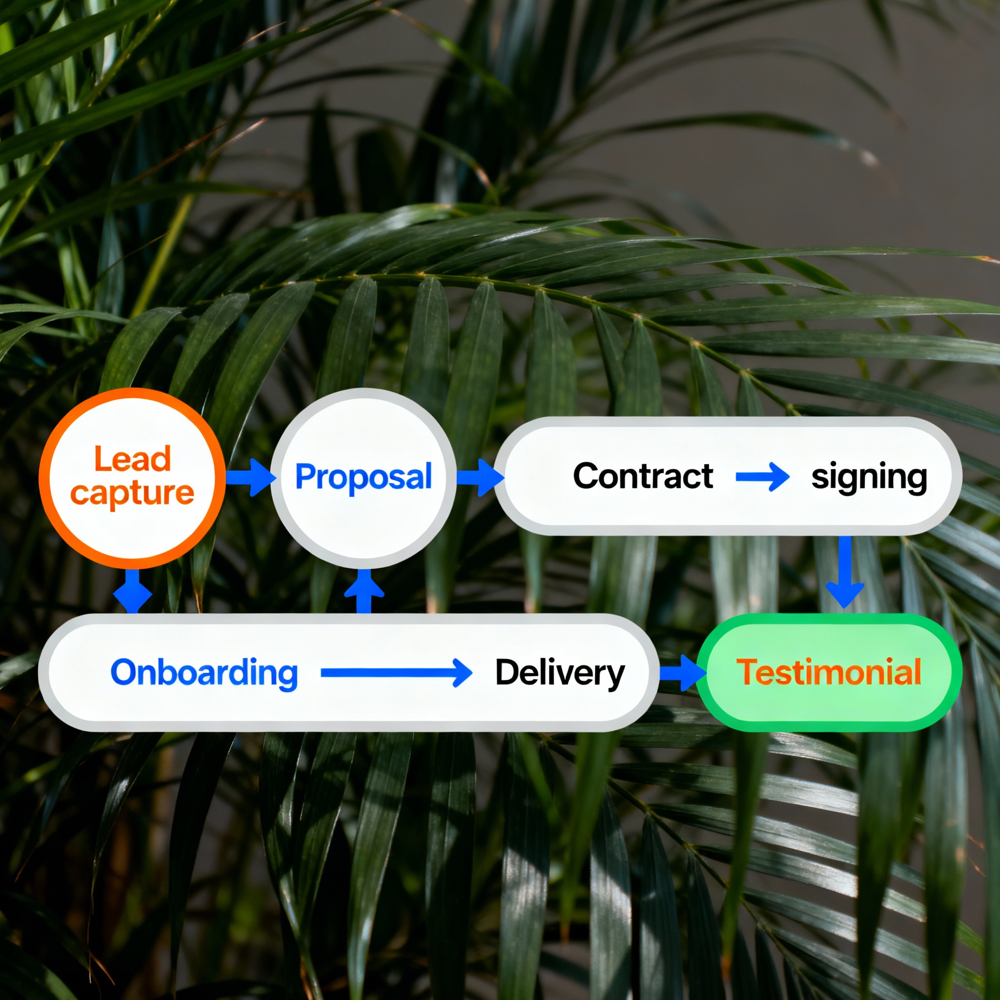 Flowchart-style diagram illustrating client onboarding: Lead capture, Proposal, Contract signing, Onboarding, Delivery, te...