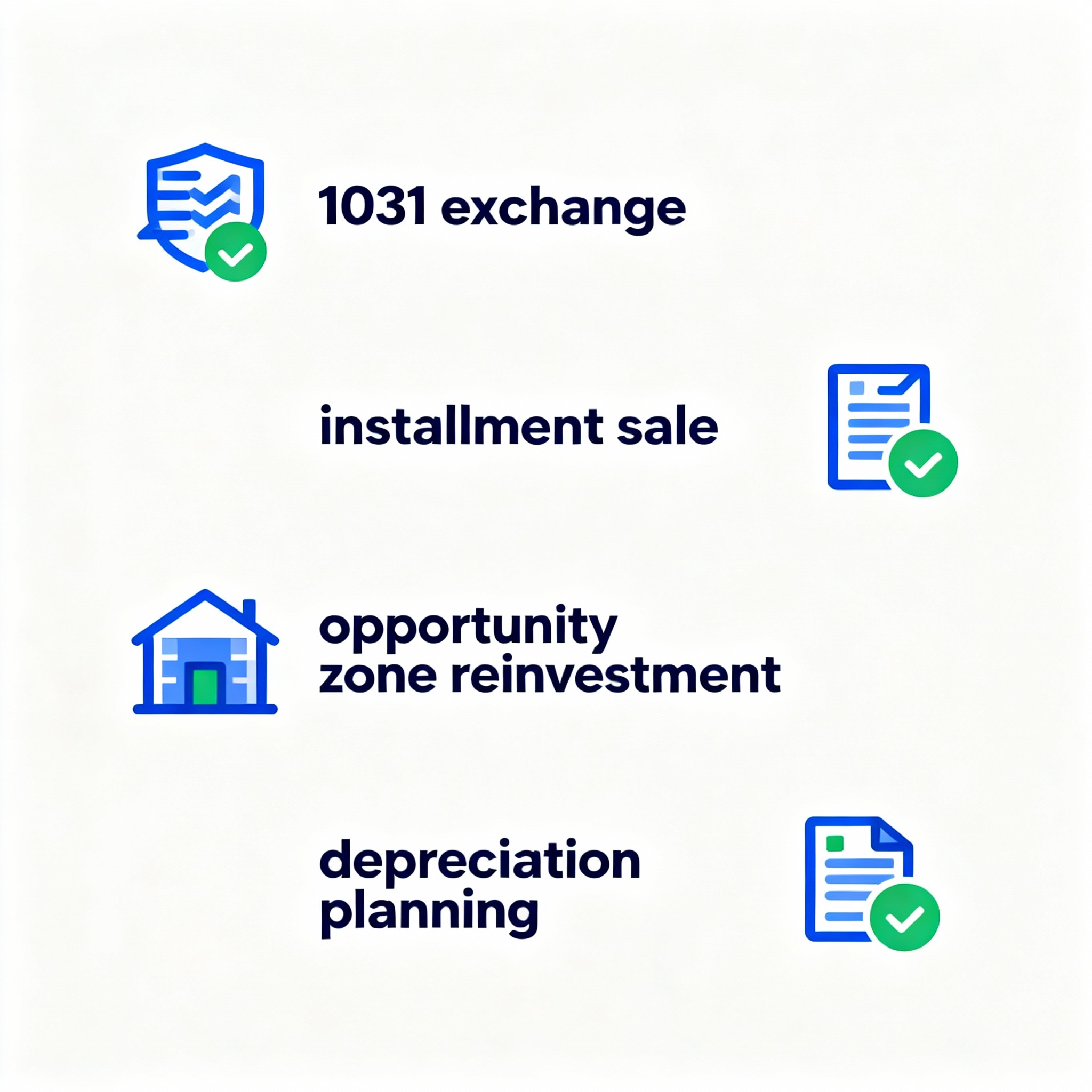 Minimalist infographic style diagram showing four tax strategy paths: 1031 exchange, installment sale, opportunity zone re...