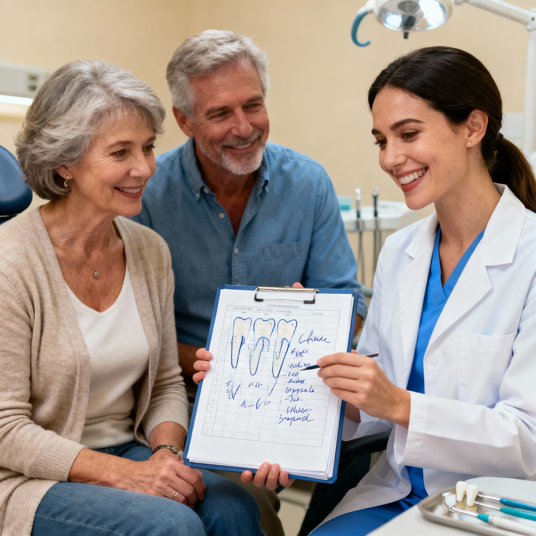 Photorealistic, friendly female dentist discussing a dental chart with a mature American couple in a bright consultation r...