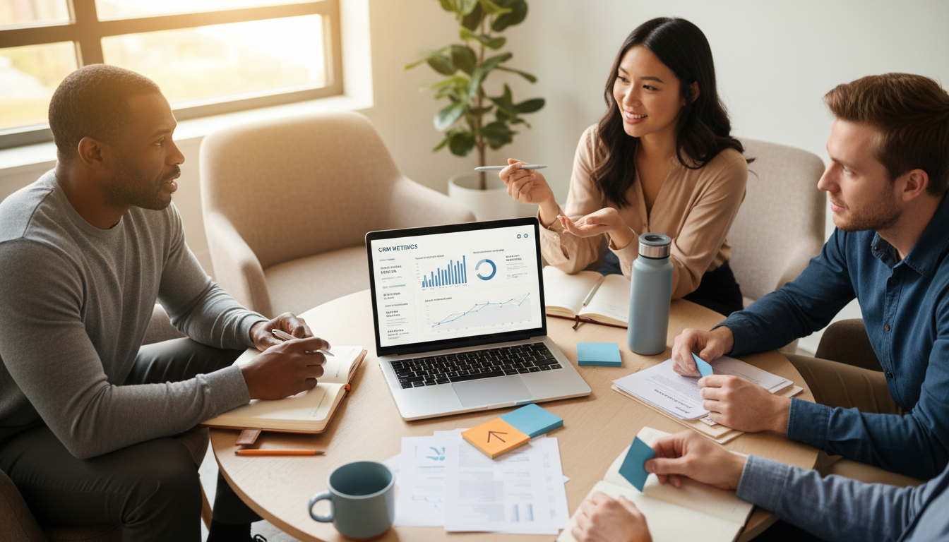 Overhead view of a small marketing team reviewing a laptop dashboard with charts and CRM metrics in a bright conference nook, hands pointing to the screen and a product marketer taking notes in a candid discussion.