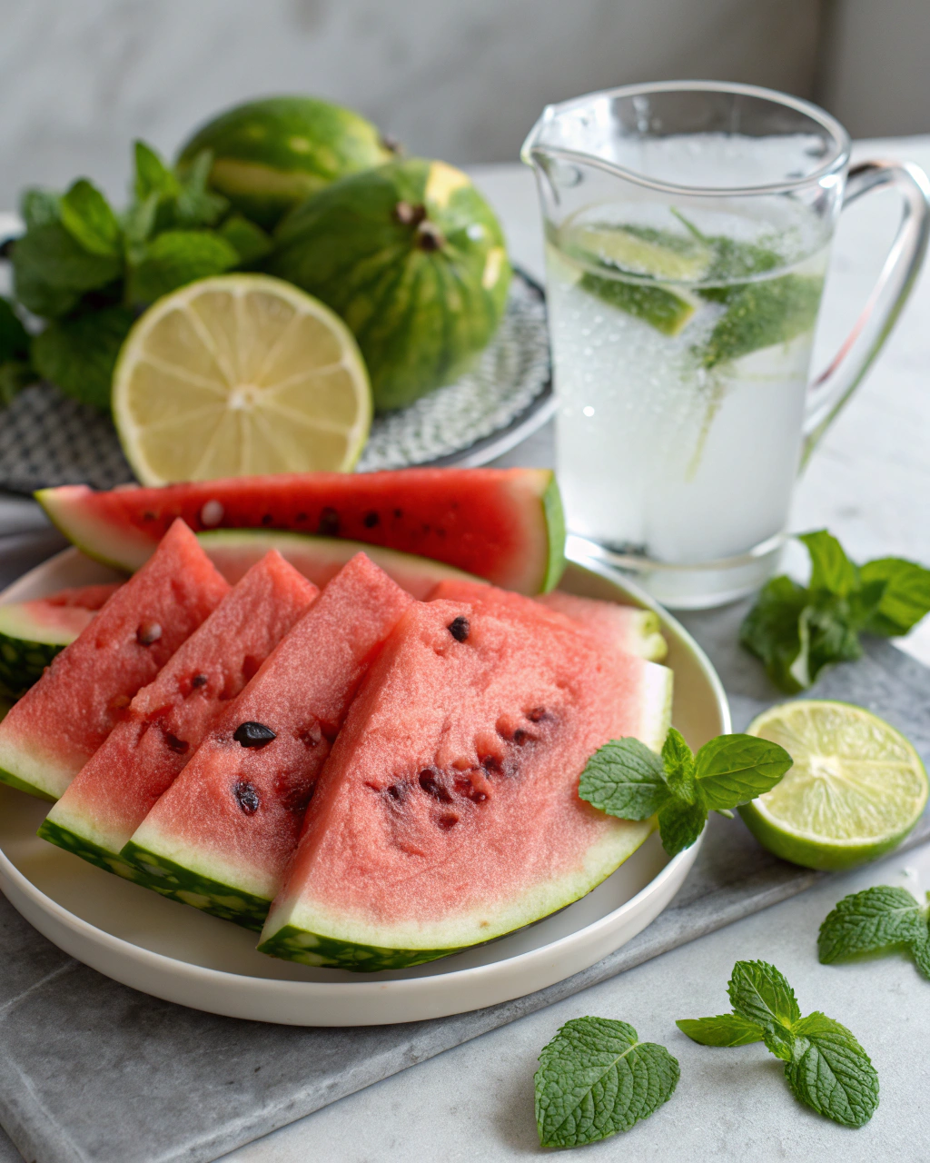 Watermelon Agua Fresca ingredients laid out on clean white counter