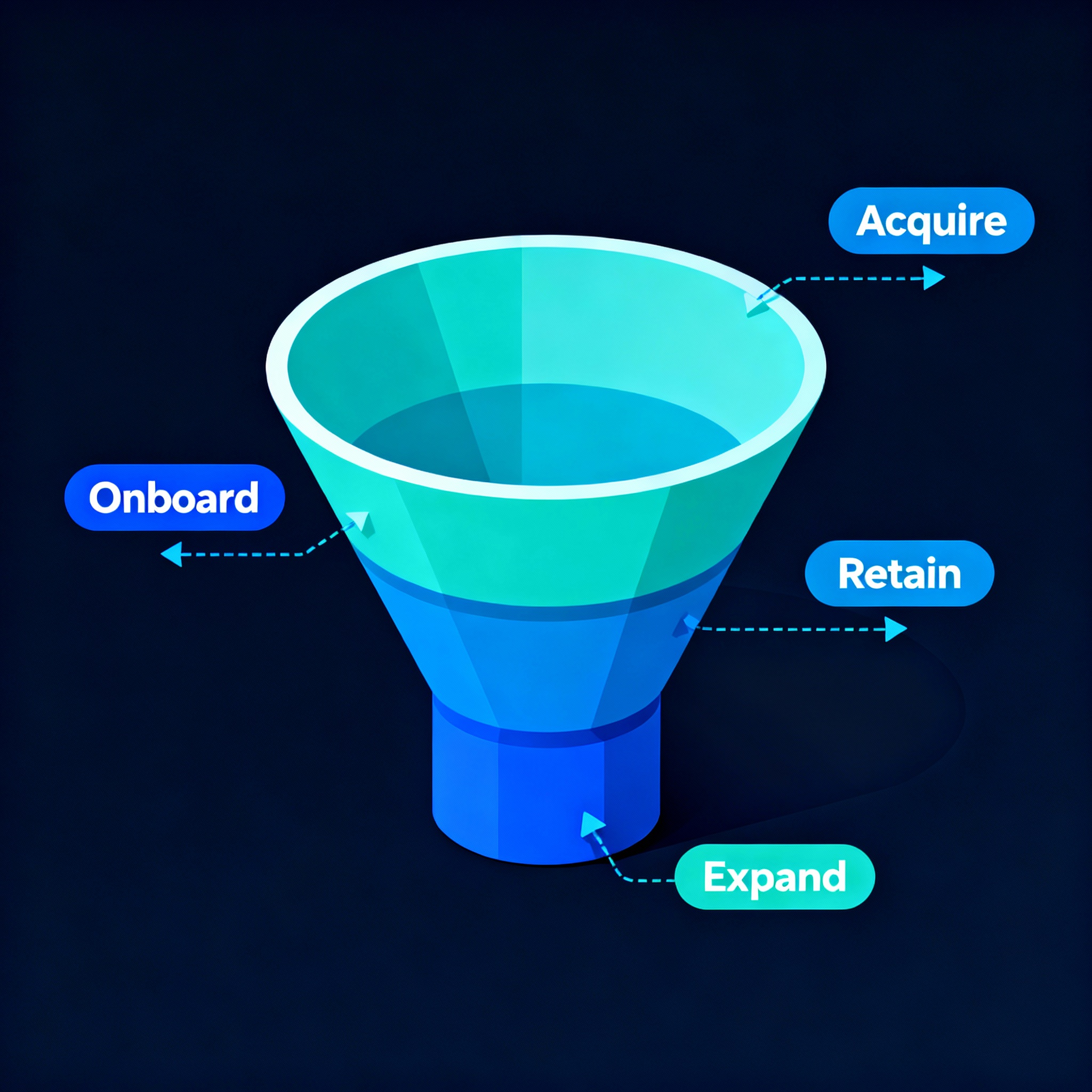 Isometric 3D diagram of an agency growth funnel with stages labeled Acquire, Onboard, Retain, Expand; clean isometric vect...
