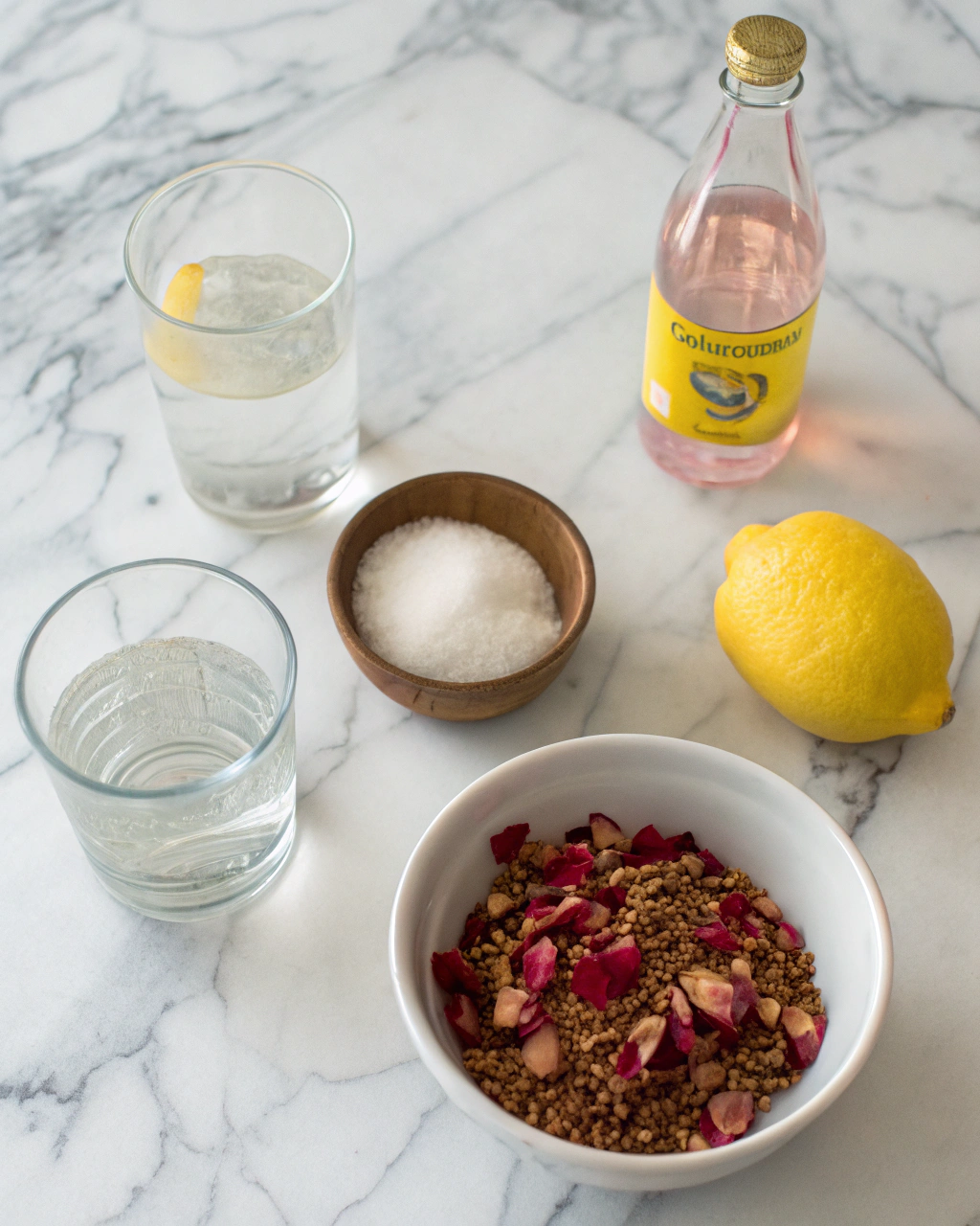 Rose Lemonade ingredients laid out on clean white counter