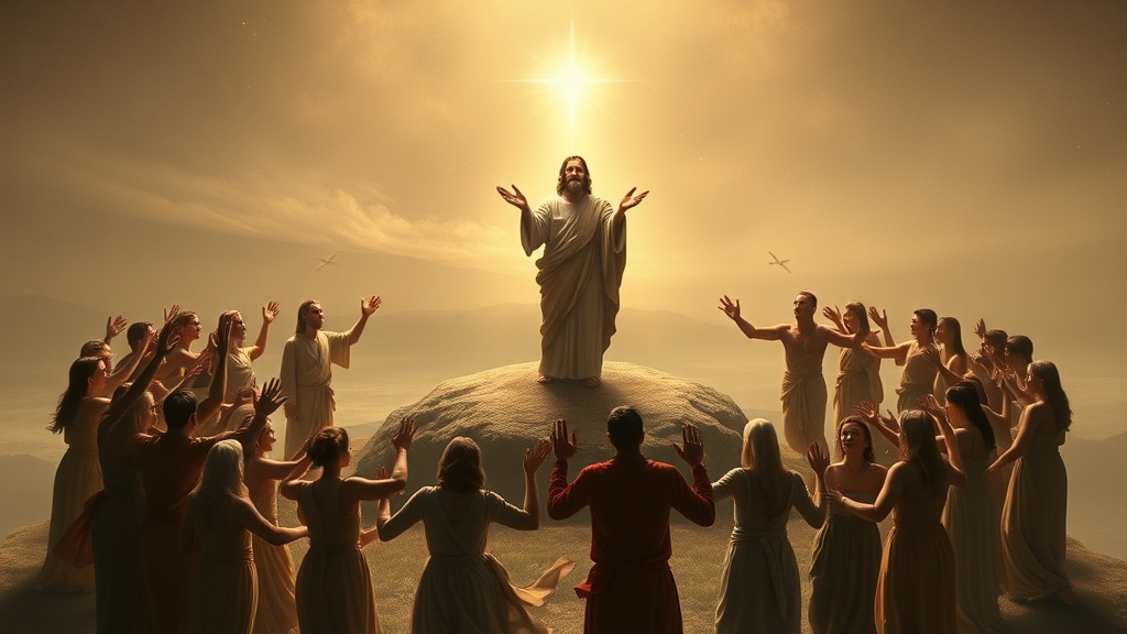 Allegorical scene of communal dance and guiding figure