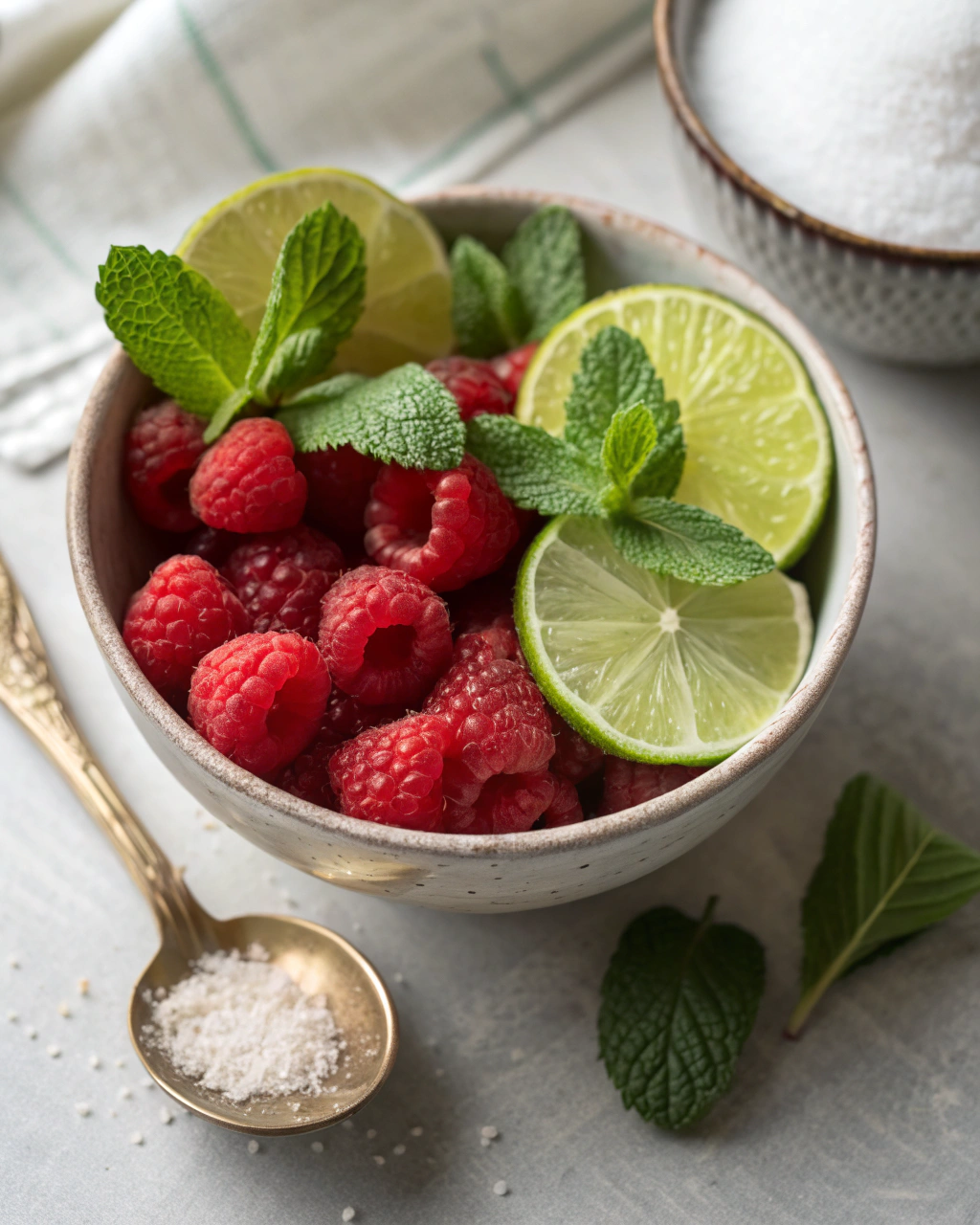 Raspberry Mocktail ingredients laid out on clean white counter