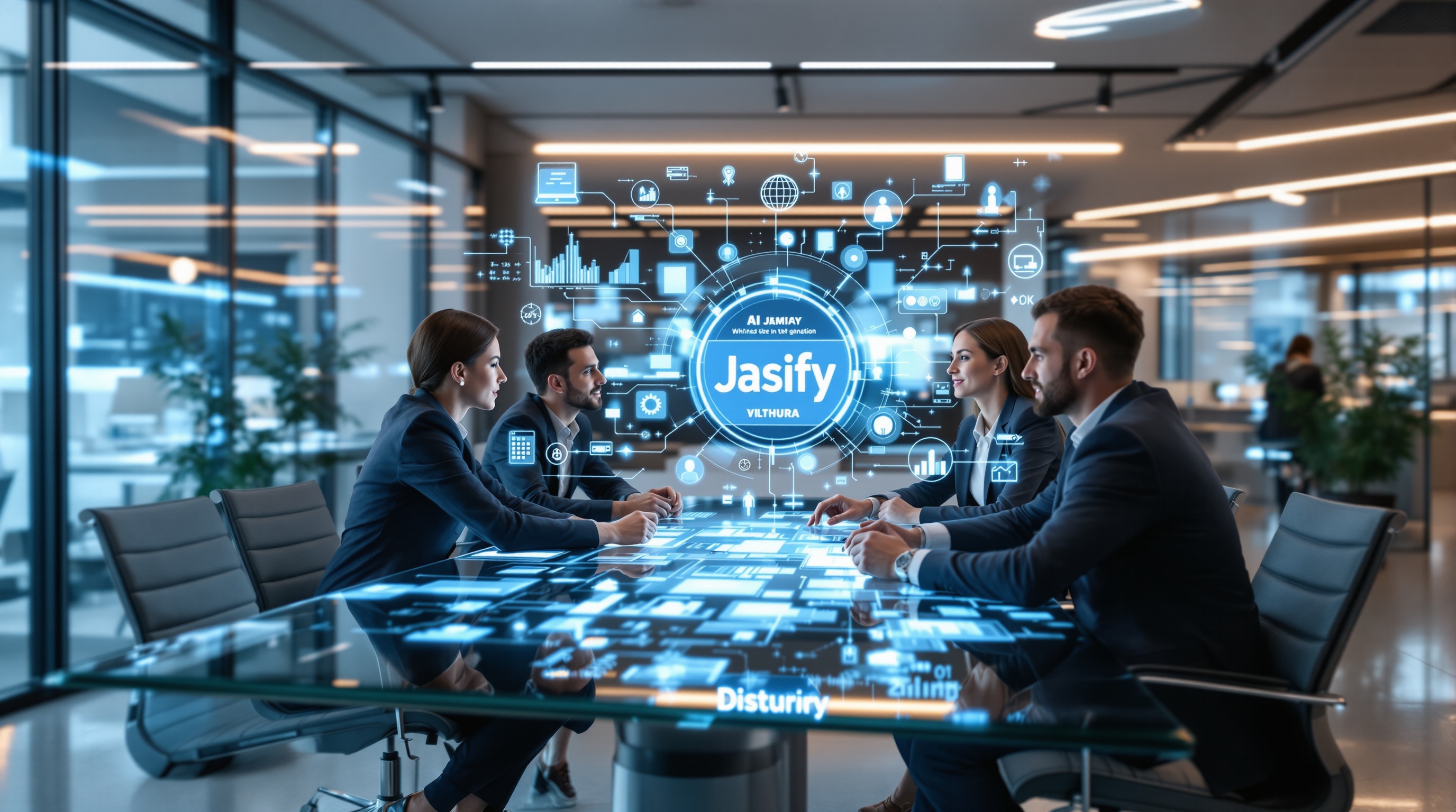 Futuristic office visualization of professionals collaborating with holographic AI dashboards integrated into their workflow, showcasing seamless AI connectivity with Jasify.