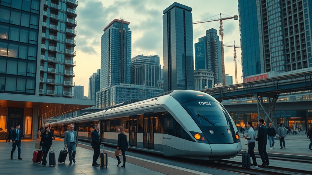 현대적 역광 속의 지역 역 앞 광장, 시민들이 오가며 도시의 변화와 재개발 현장이 보이는 영화 같은 장면