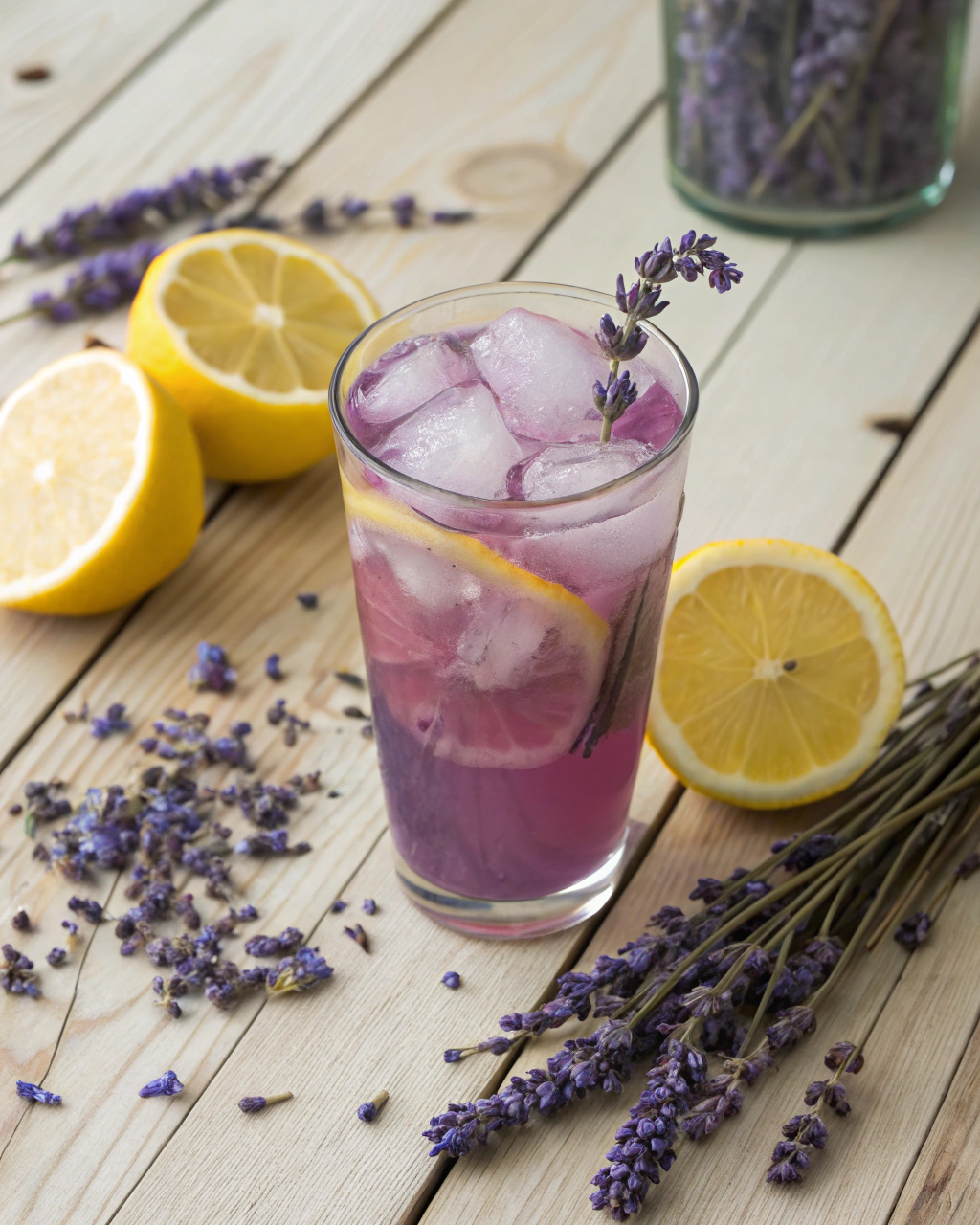 Lavender Lemonade ingredients laid out on clean white counter