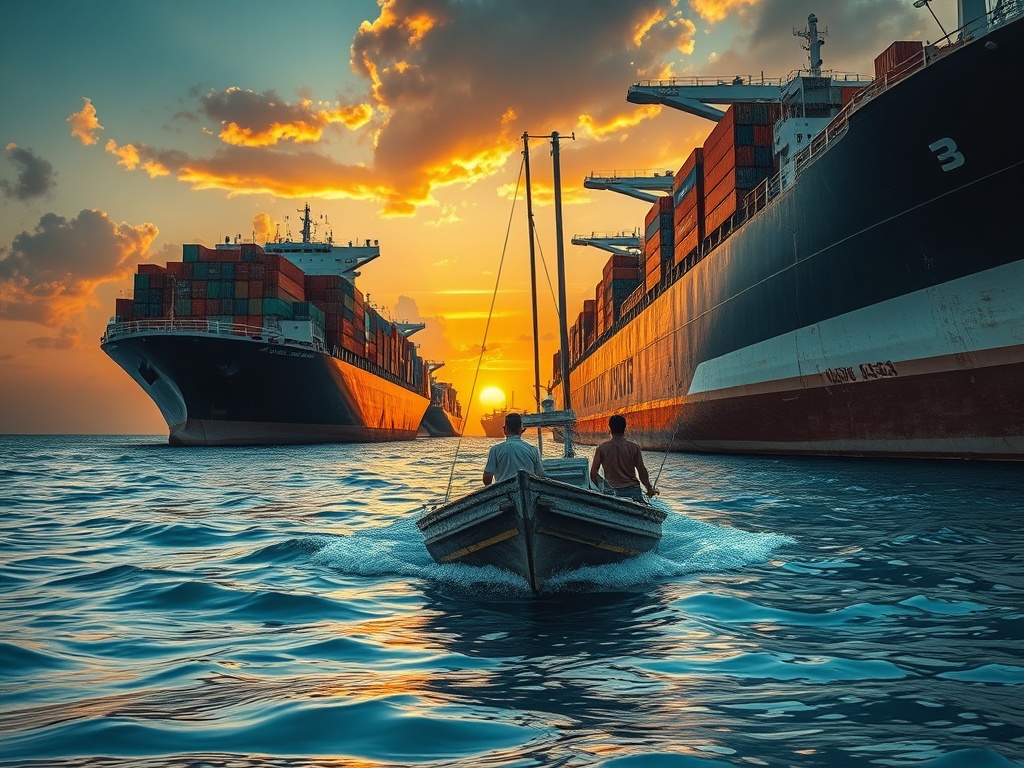A Maldivian Fishing Boat Between International Cargo Ships