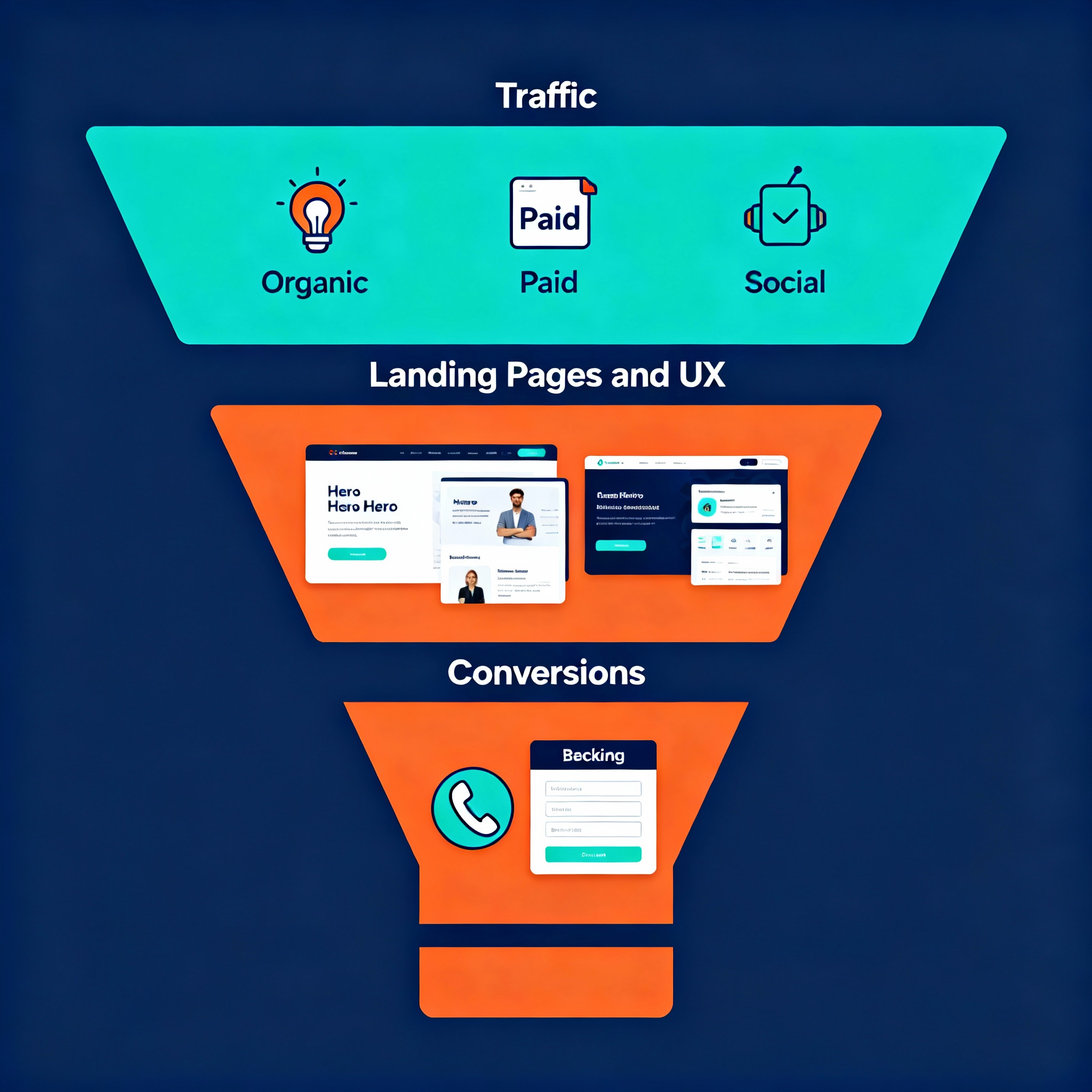 Frustrated With Website Traffic But No Sales: 9 Fixes That Convert 3 Clean infographic style diagram showing a three-step conversion funnel, top labeled Traffic with icons for Organic, Paid, ...