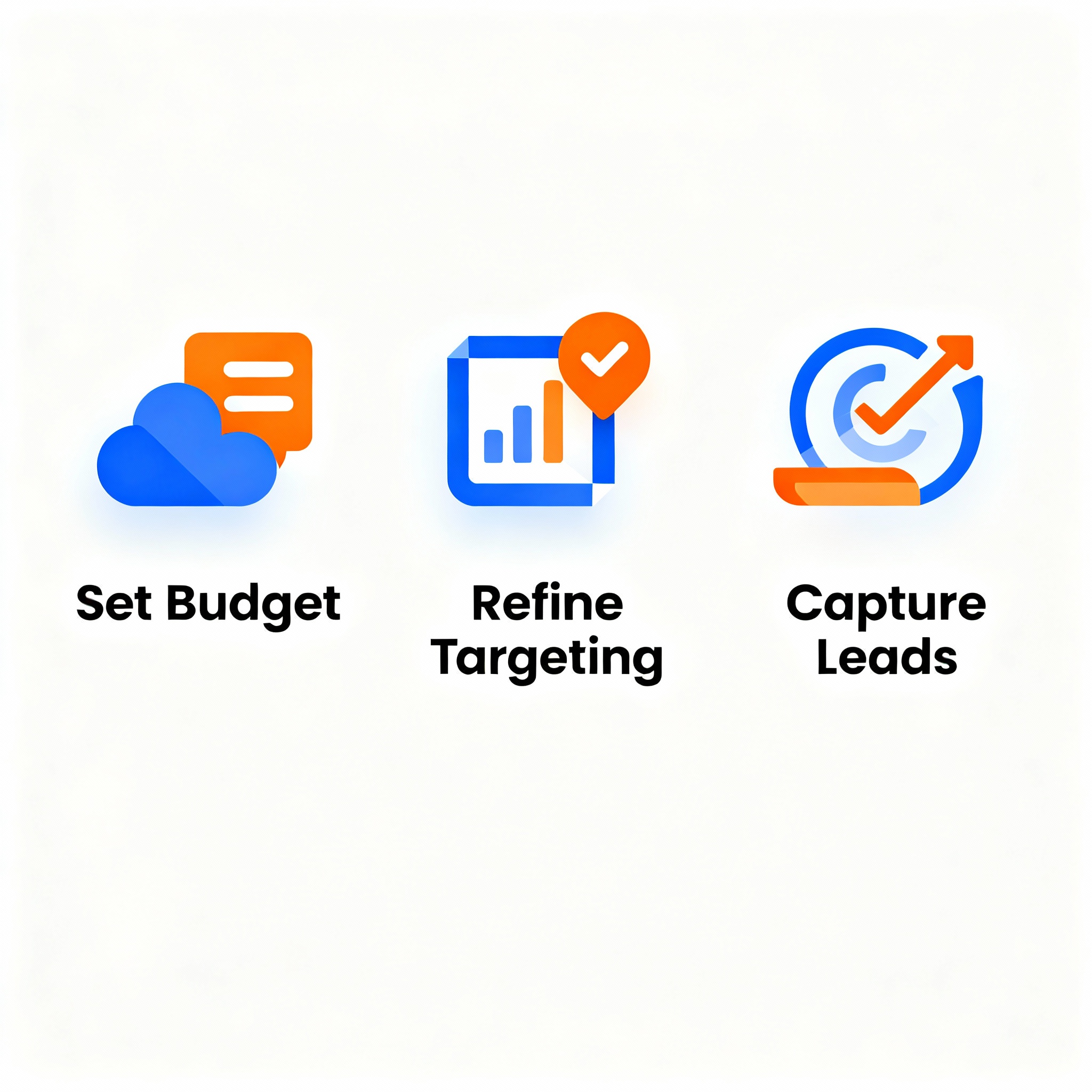 Budget Google Ads Management for Small Businesses Guide 2025 2 Minimalist infographic style visual, three-column layout showing Budget, Targeting, Conversion, modern flat icons, clean w...