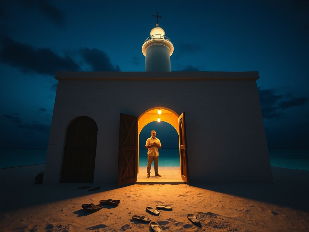 Scattered Shoes at the Mosque Door at Dusk