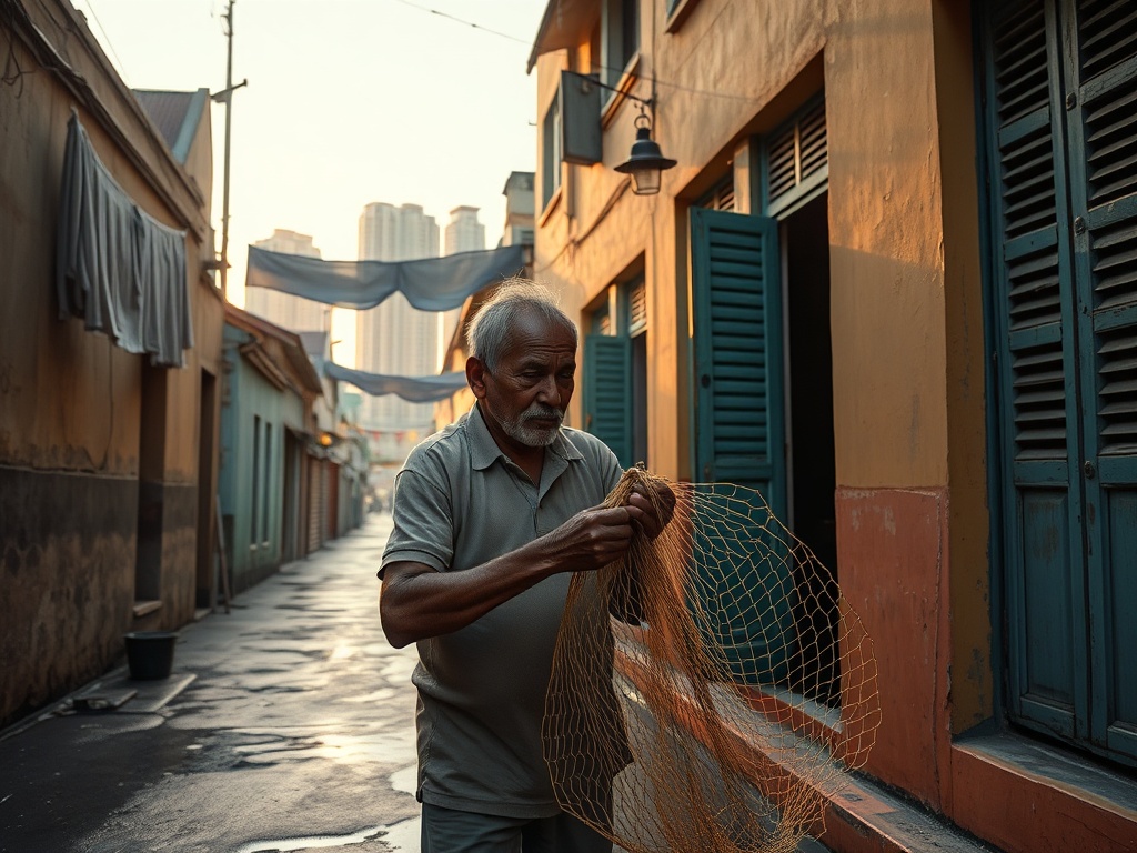 Salt, Diesel, and the Fisherman Mending Nets at Dawn