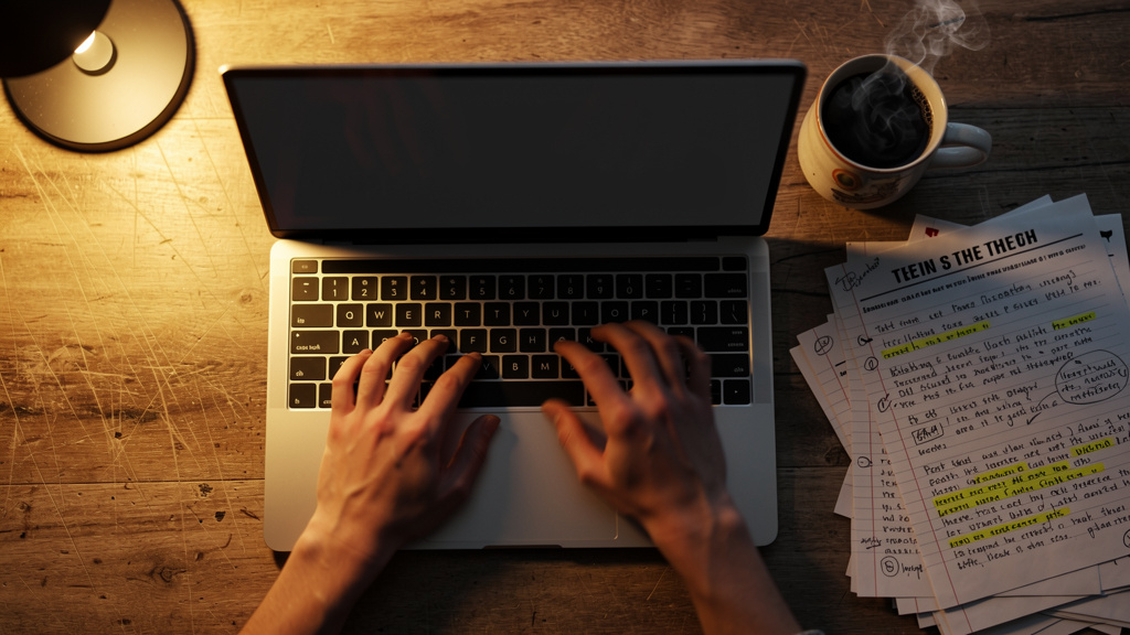 Educator working late grading papers with laptop assistance