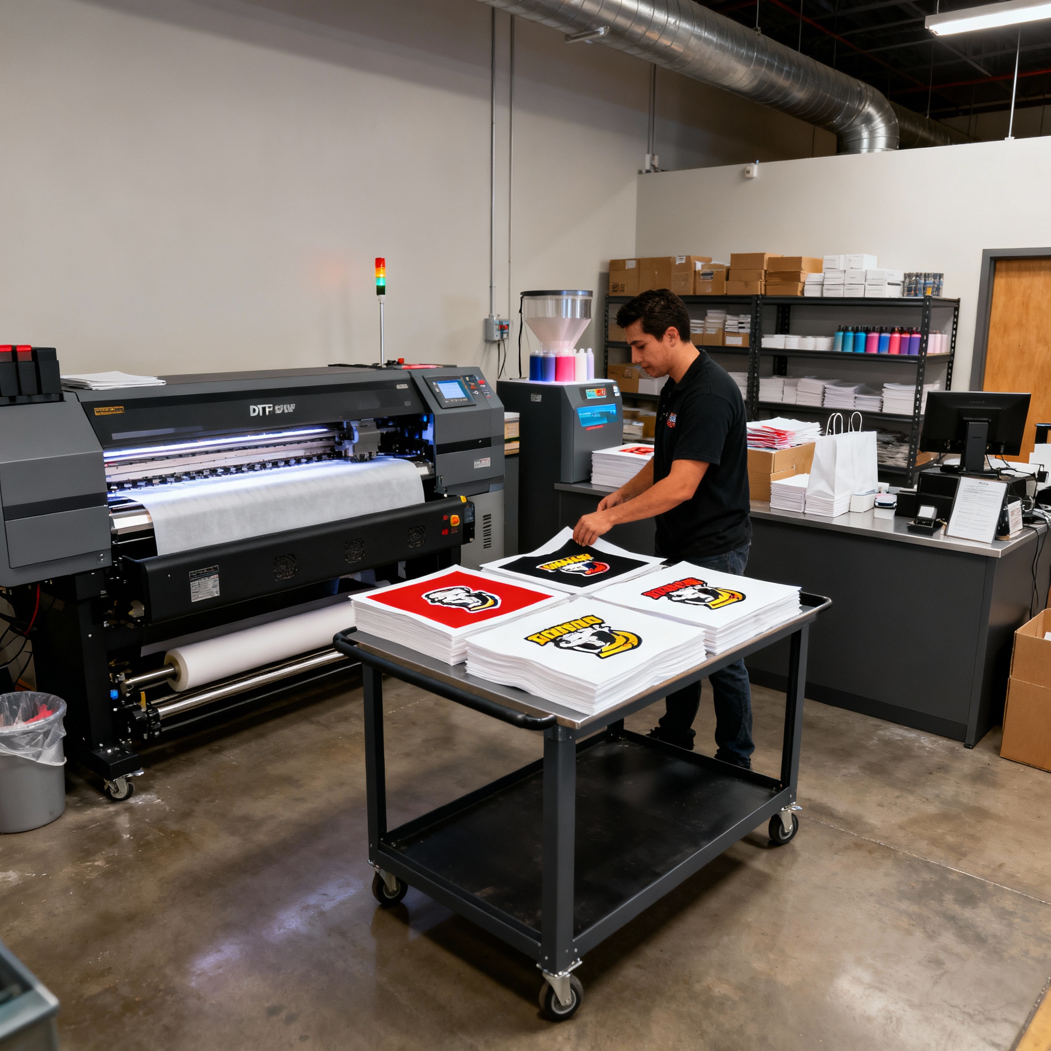 Photorealistic wide-angle photo of a compact DTF print shop in Tempe showing a rolling DTF printer, powder station, and a ...