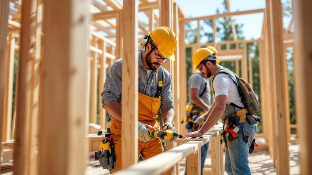 Construction crew working efficiently on residential framing project
