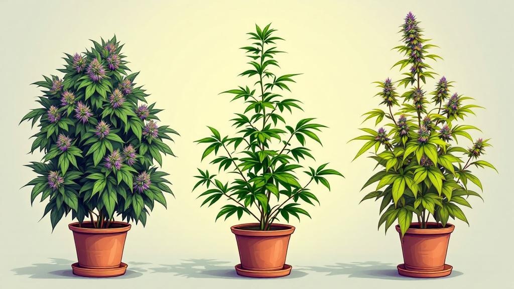 Three cannabis plant types showing distinct characteristics